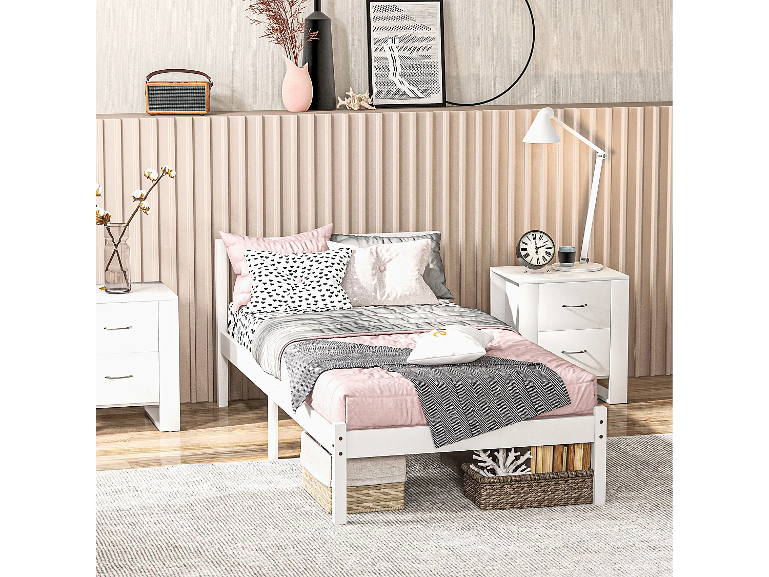 Lit simple design - tête de lit, sommier inclus - dim. 198L x 96l x 70H cm - compatible matelas 190L x 90l cm - bois blanc