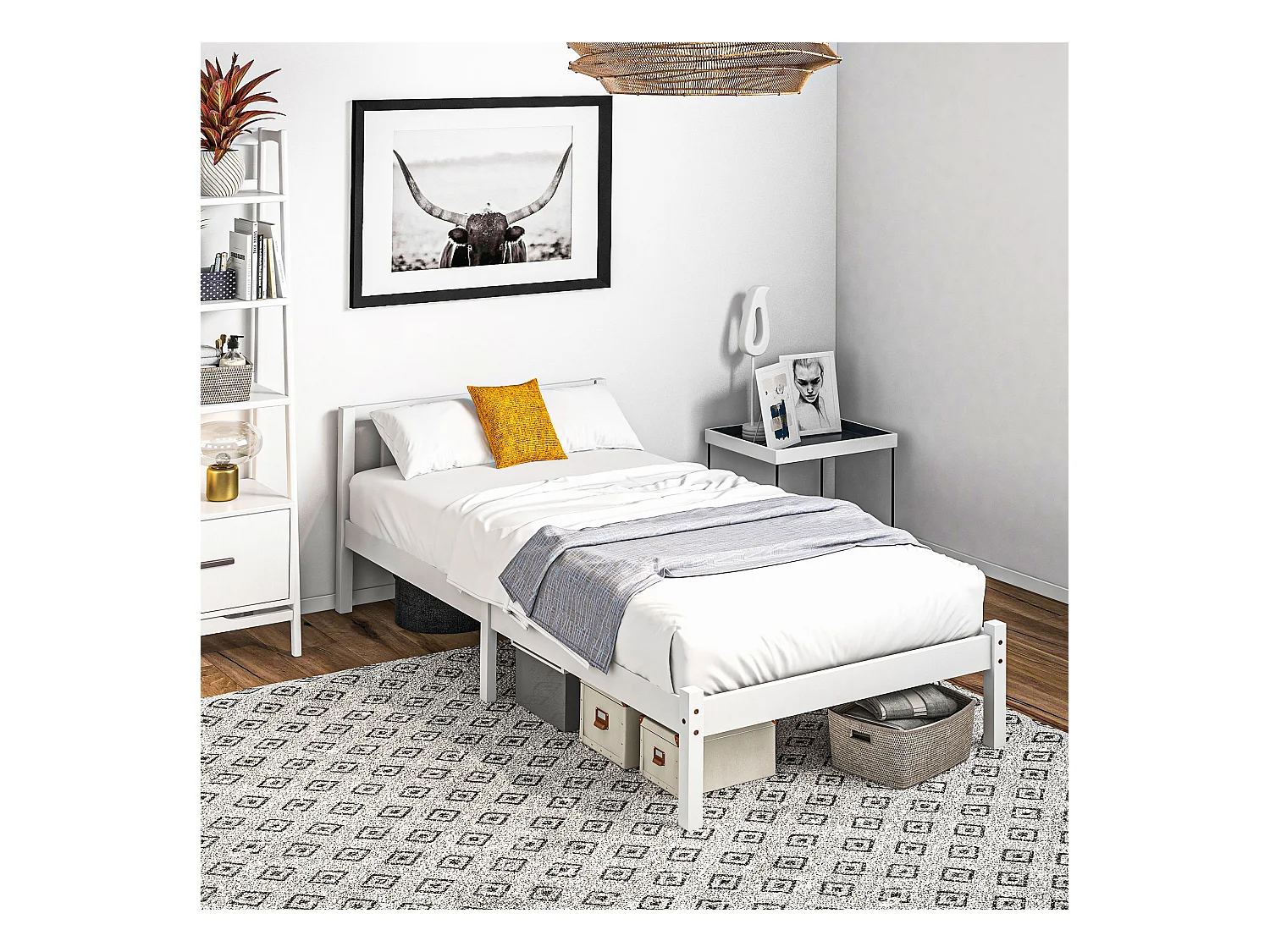 Lit simple design - tête de lit, sommier inclus - dim. 198L x 96l x 70H cm - compatible matelas 190L x 90l cm - bois blanc