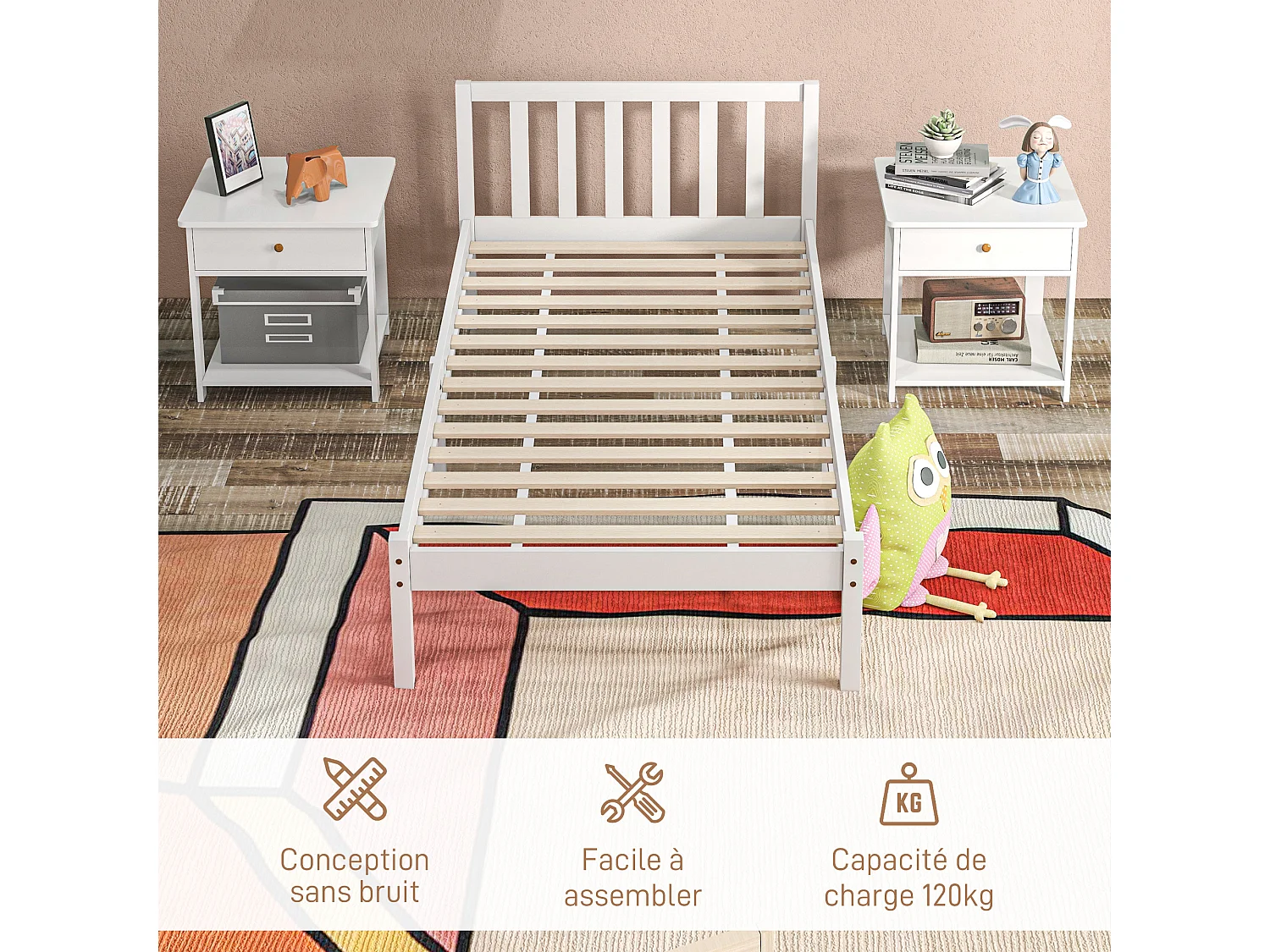 Lit simple design - tête de lit, sommier inclus - dim. 198L x 96l x 70H cm - compatible matelas 190L x 90l cm - bois blanc