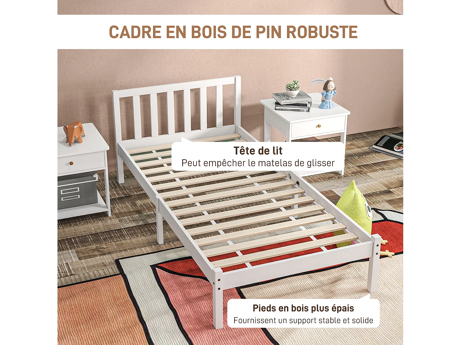 Lit simple design - tête de lit, sommier inclus - dim. 198L x 96l x 70H cm - compatible matelas 190L x 90l cm - bois blanc