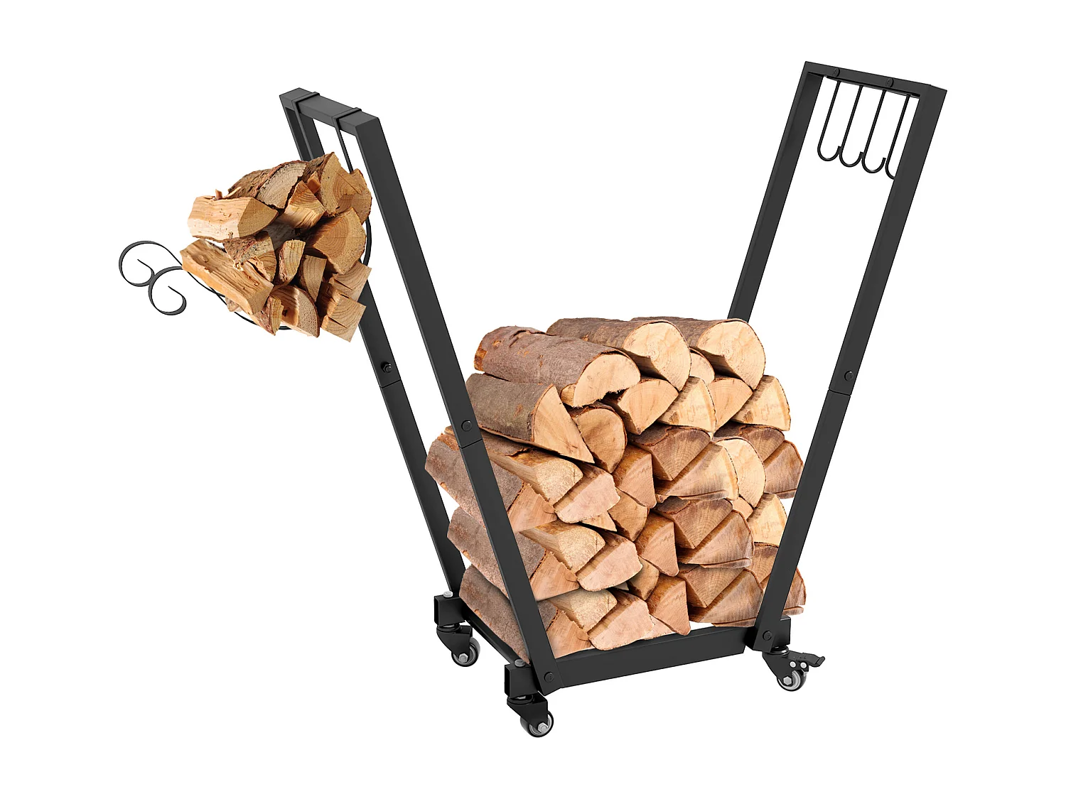 Chariot porte-bûches range-bûches 2 en 1 - 4 crochets à ustensiles, 2 crochets à bois - métal noir