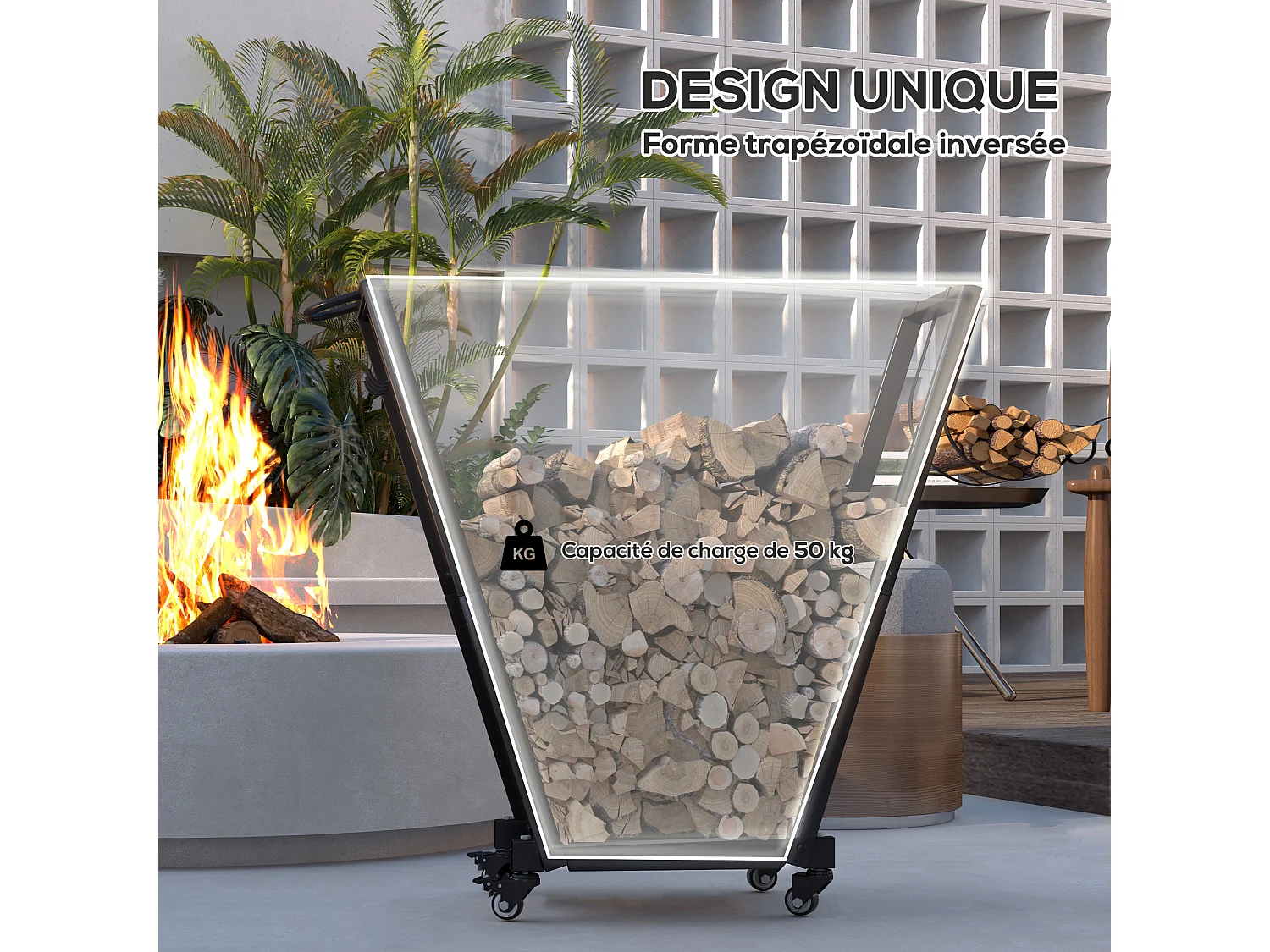 Chariot porte-bûches range-bûches 2 en 1 - 4 crochets à ustensiles, 2 crochets à bois - métal noir