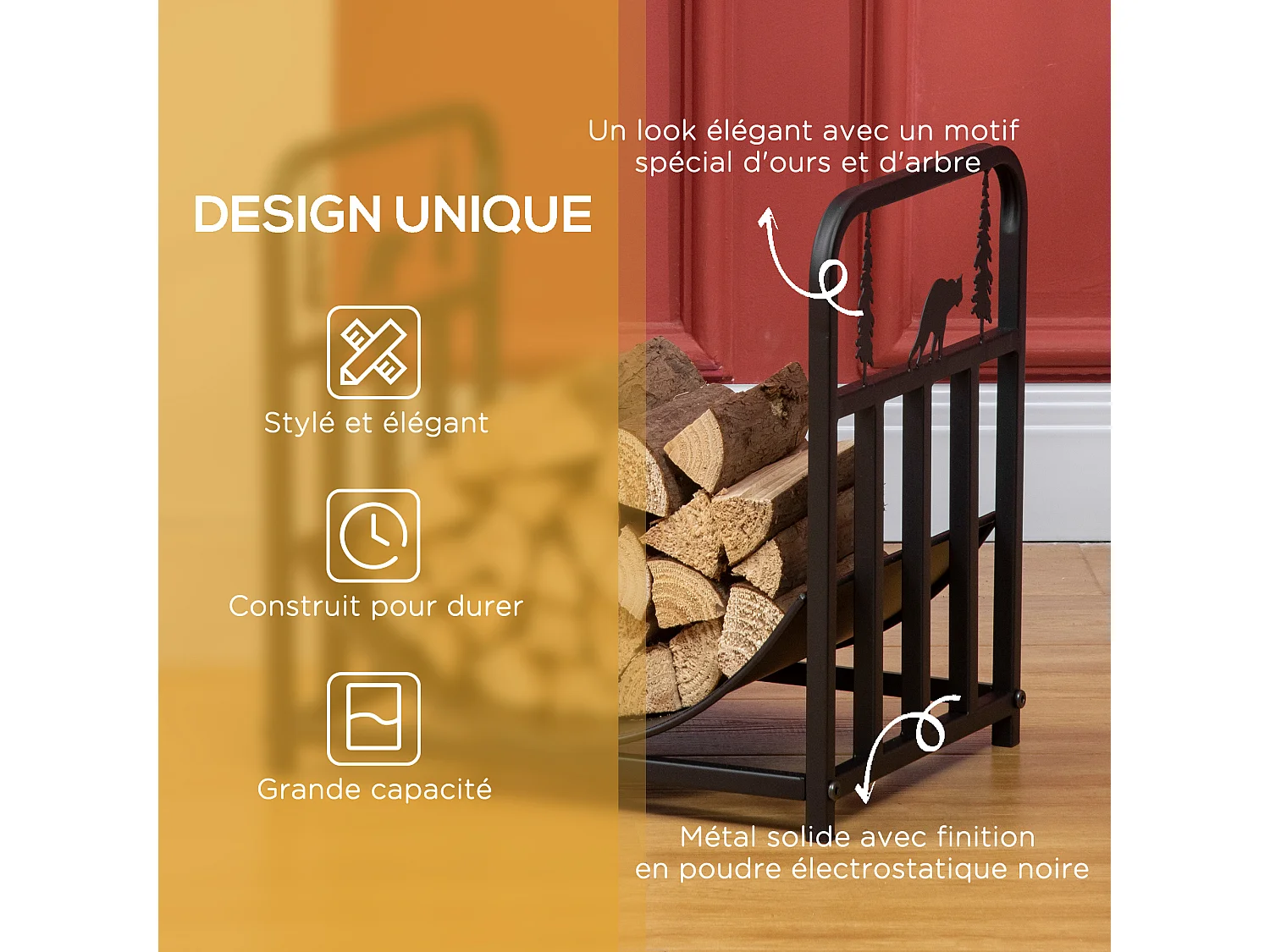 Range-bûches intérieur extérieur sur pied - porte bûches design - dim. 42L x 33l x 43H cm - métal noir