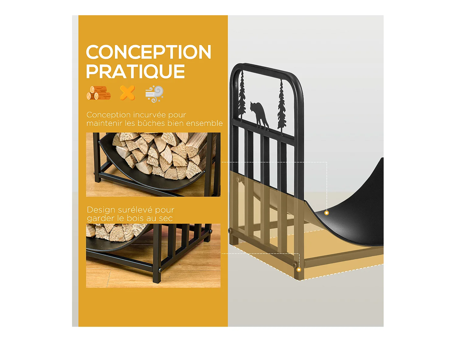 Range-bûches intérieur extérieur sur pied - porte bûches design - dim. 42L x 33l x 43H cm - métal noir