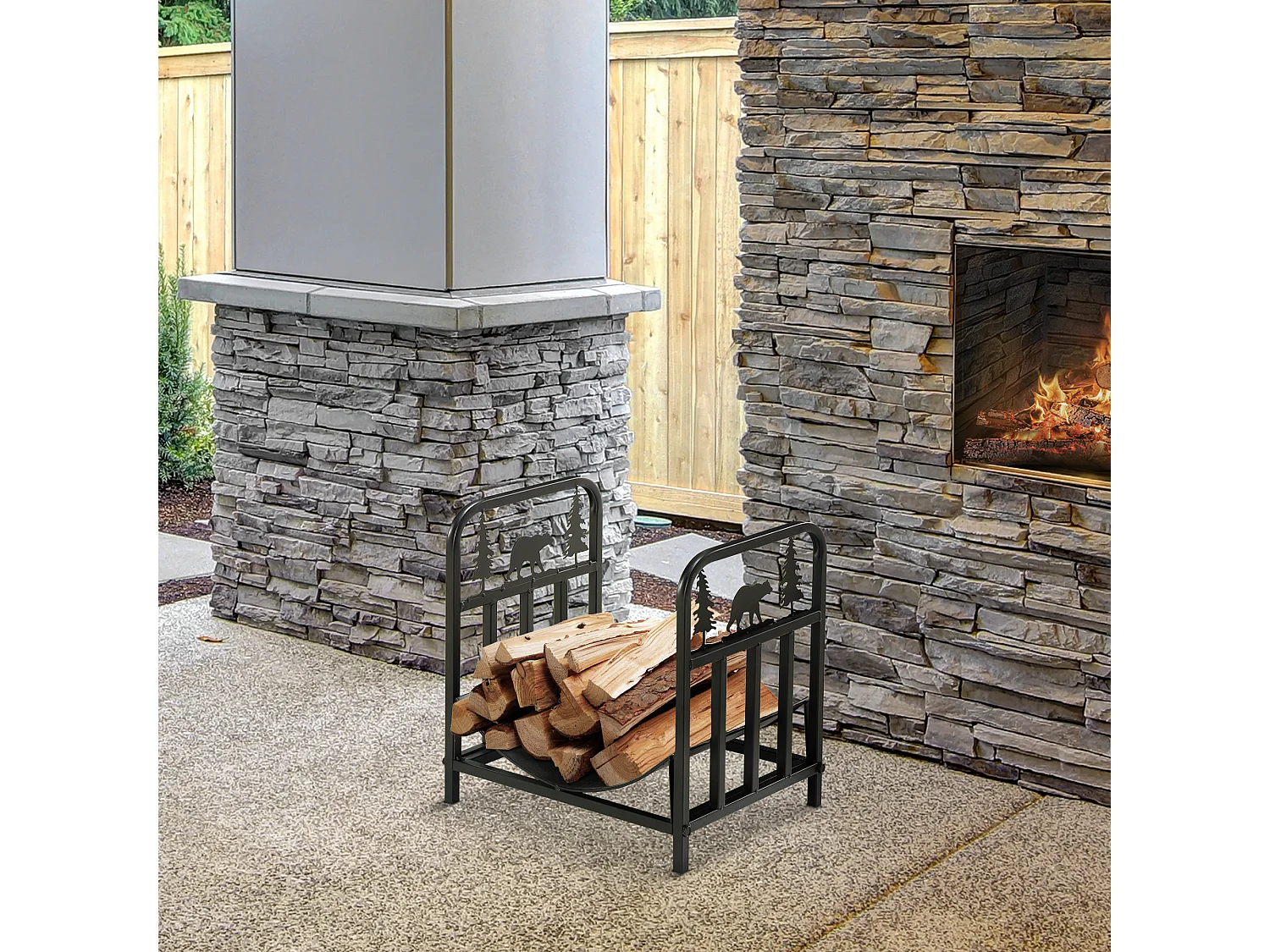 Range-bûches intérieur extérieur sur pied - porte bûches design - dim. 42L x 33l x 43H cm - métal noir