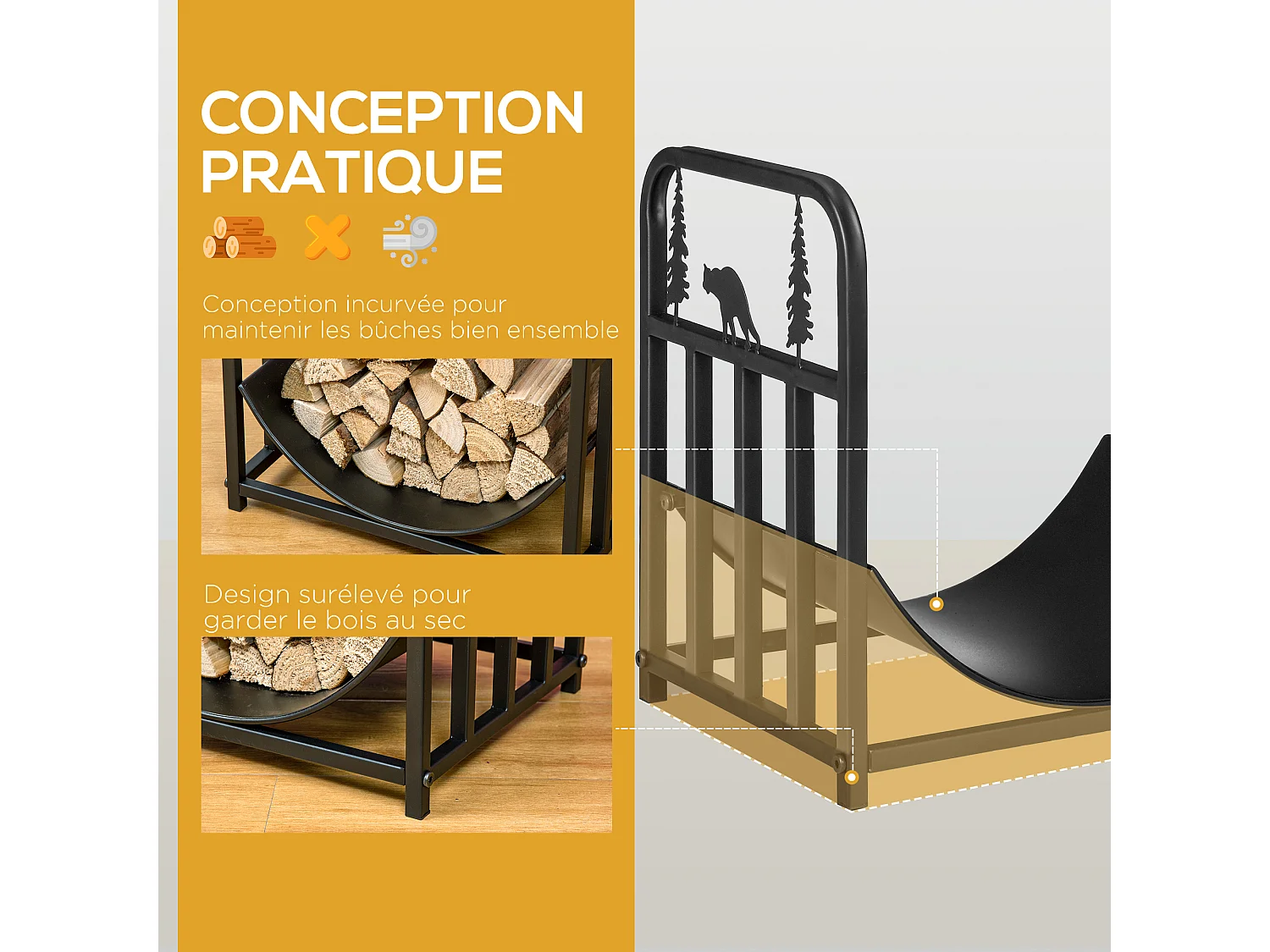 Range-bûches intérieur extérieur sur pied - porte bûches design - dim. 42L x 33l x 43H cm - métal noir