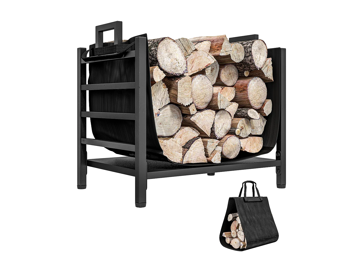 Porte-bûches range-bûches 2 en 1 - poignées - sac amovible tissu Oxford métal noir