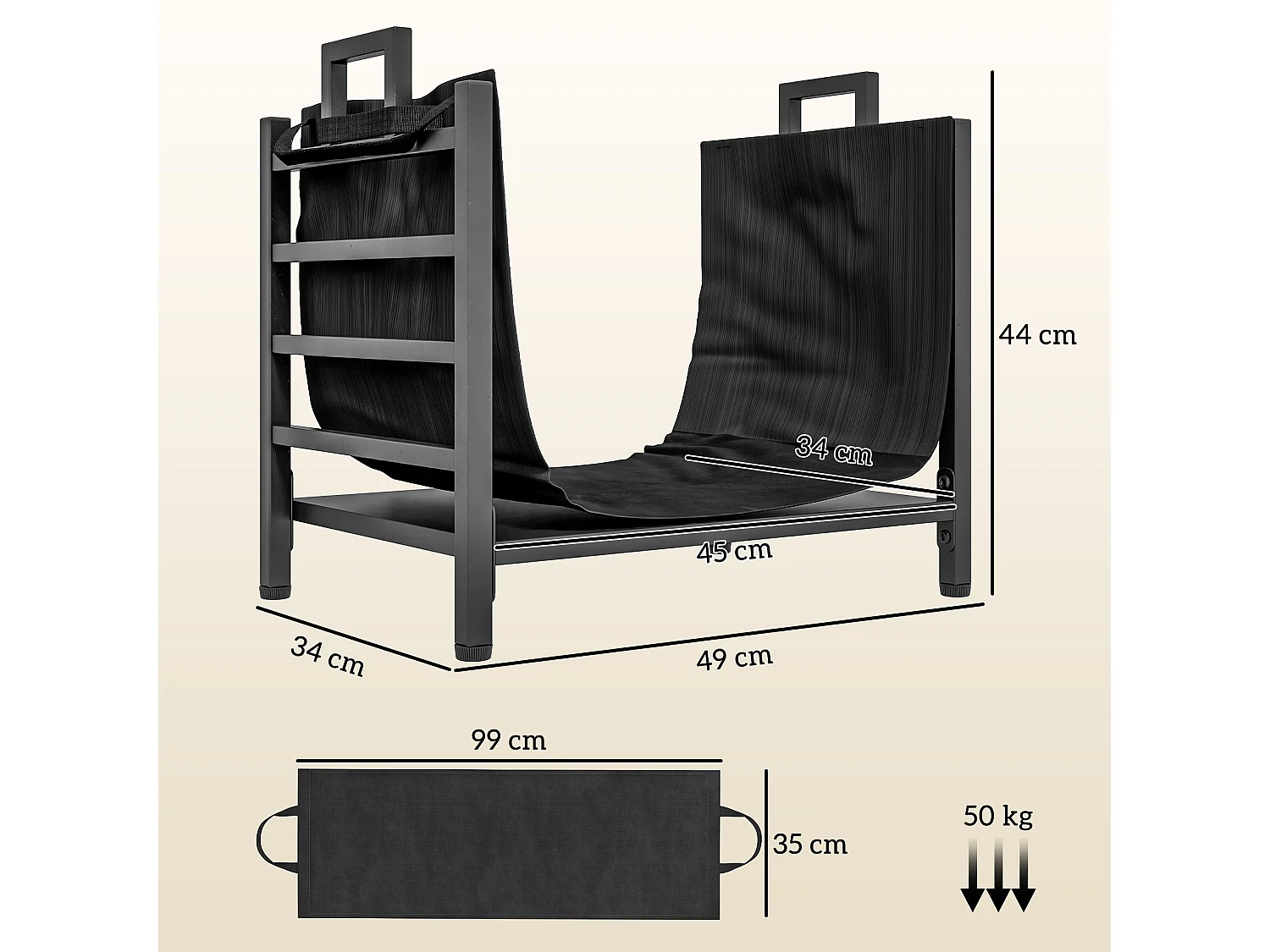 Porte-bûches range-bûches 2 en 1 - poignées - sac amovible tissu Oxford métal noir