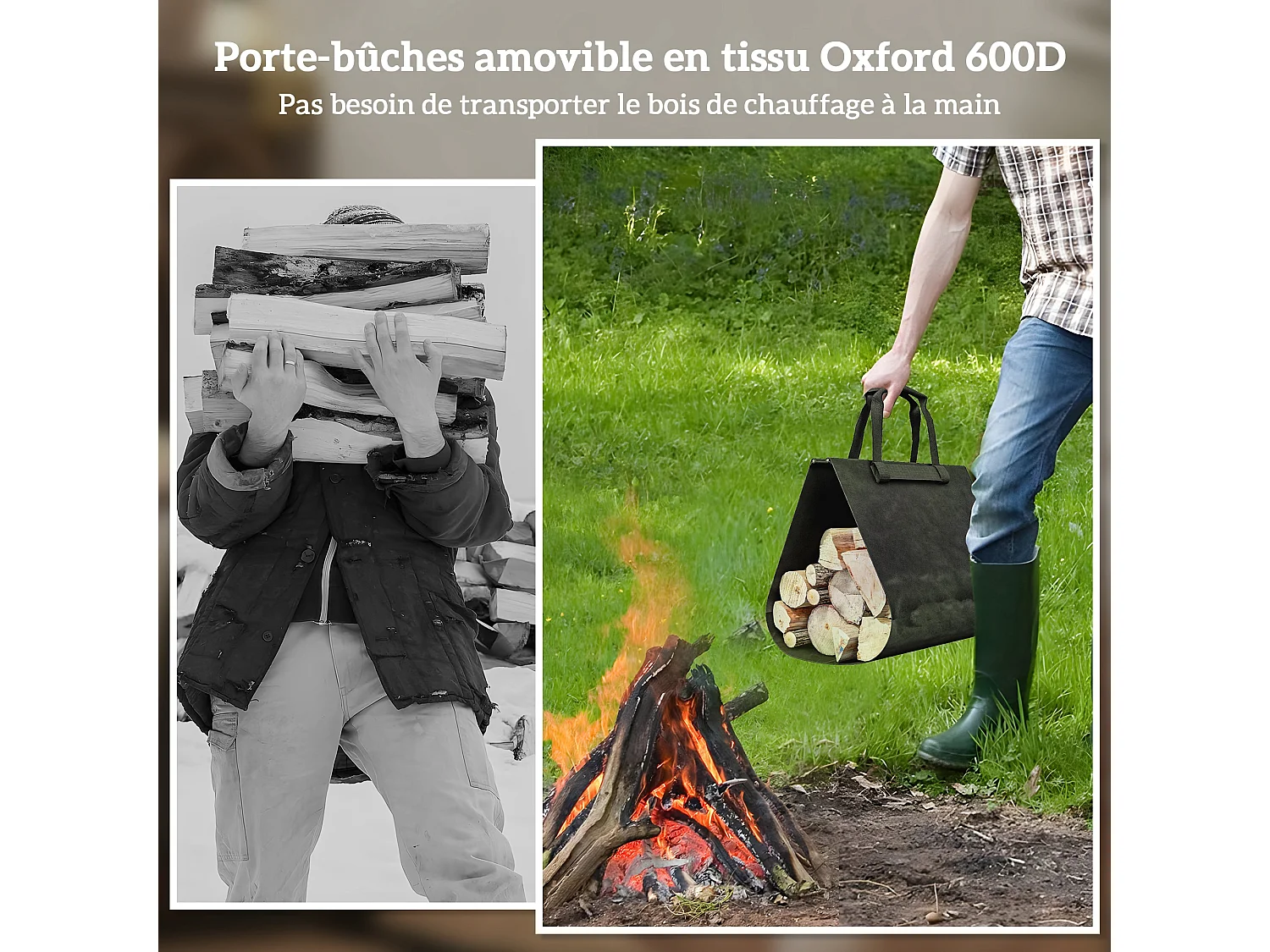 Porte-bûches range-bûches 2 en 1 - poignées - sac amovible tissu Oxford métal noir