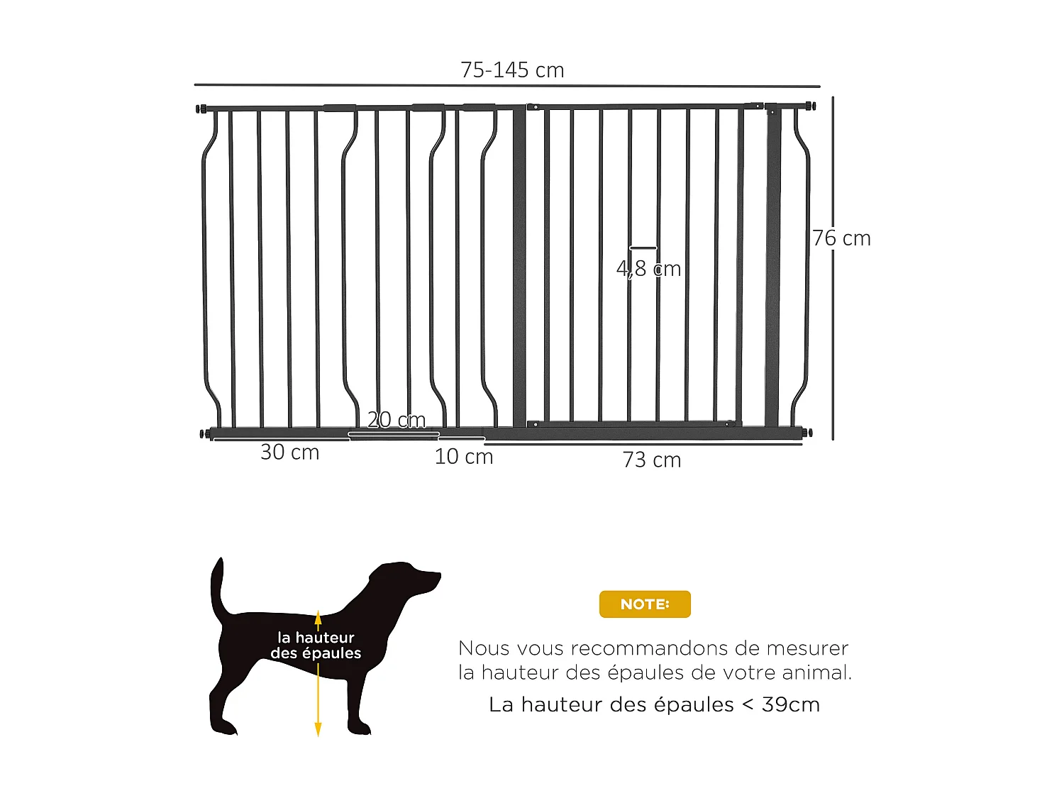 Barrière de sécurité animaux - longueur réglable dim. 75-145 cm - porte double verrouillage, ouverture double sens -sans perçage - acier ABS noir