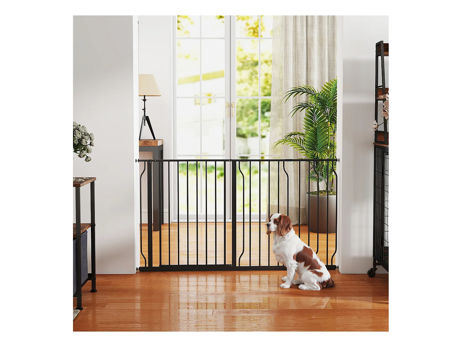 Barrière de sécurité animaux - longueur réglable dim. 75-145 cm - porte double verrouillage, ouverture double sens -sans perçage - acier ABS noir