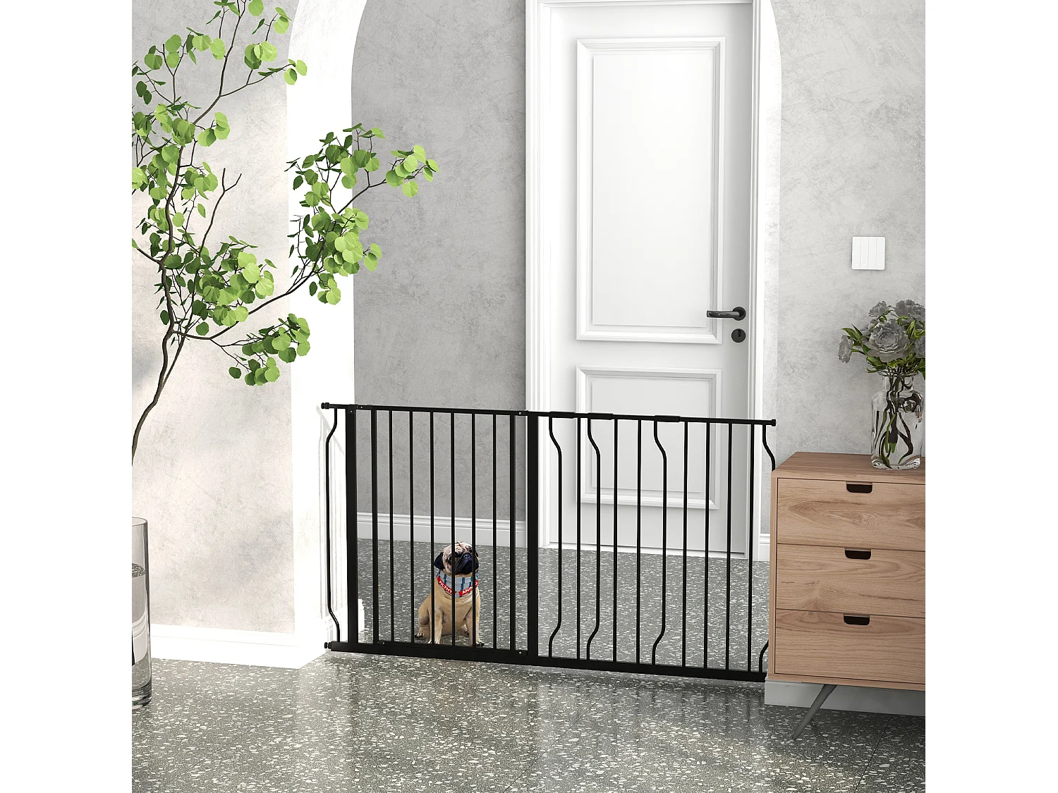 Barrière de sécurité animaux - longueur réglable dim. 75-145 cm - porte double verrouillage, ouverture double sens -sans perçage - acier ABS noir