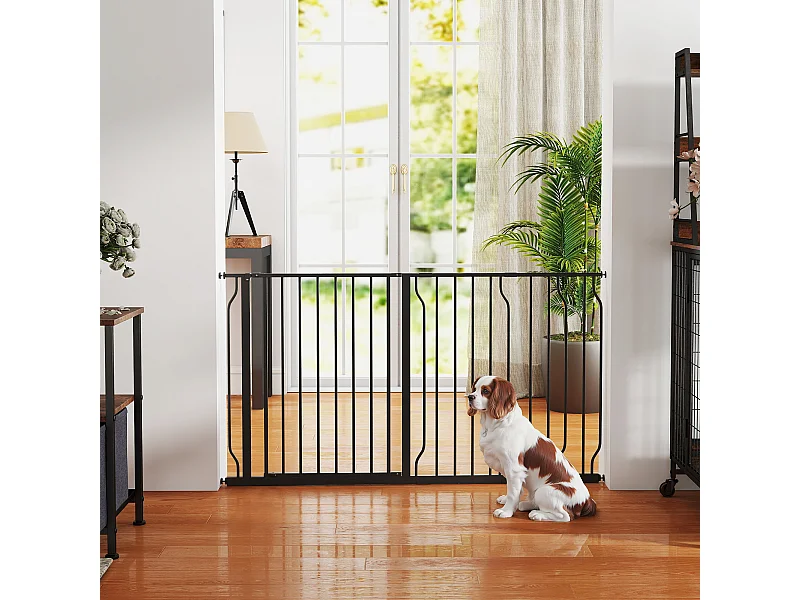 Barrière de sécurité animaux - longueur réglable dim. 75-145 cm - porte double verrouillage, ouverture double sens -sans perçage - acier ABS noir