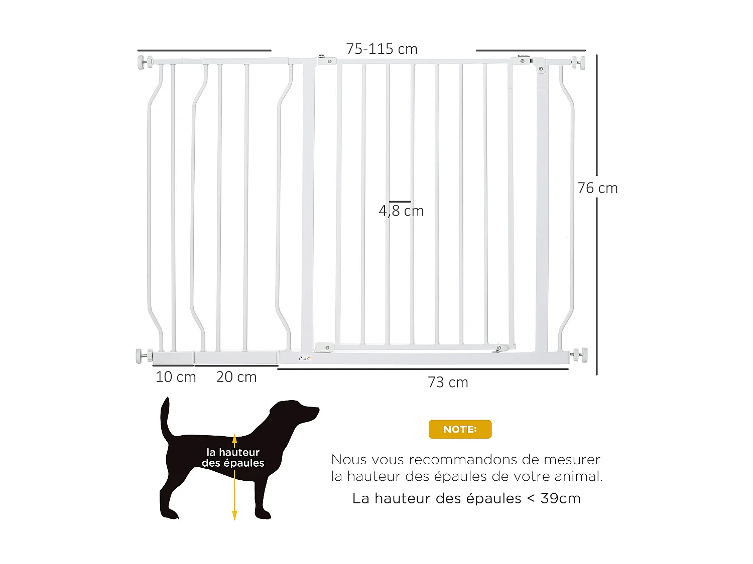 Barrière de sécurité barrière pour animal domestique longueur réglable barrière escaliers couloirs portes sans perçage en acier et ABS dim. 75-115L x 76H cm blanc