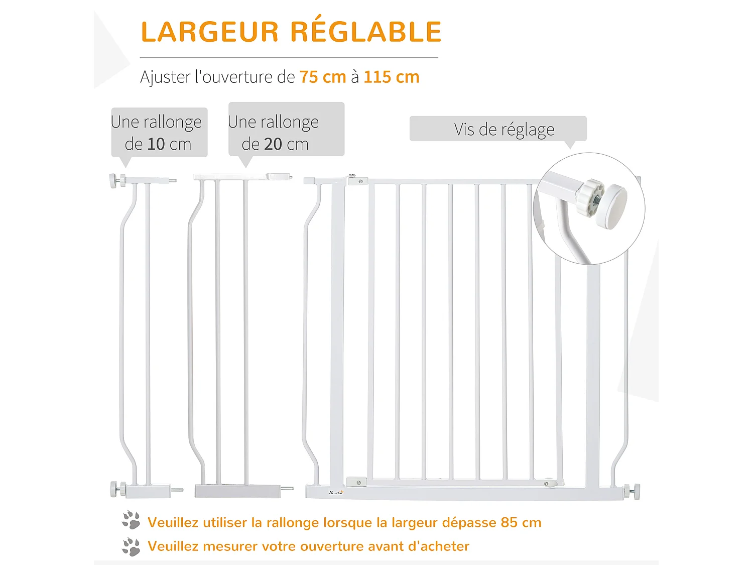 Barrière de sécurité barrière pour animal domestique longueur réglable barrière escaliers couloirs portes sans perçage en acier et ABS dim. 75-115L x 76H cm blanc