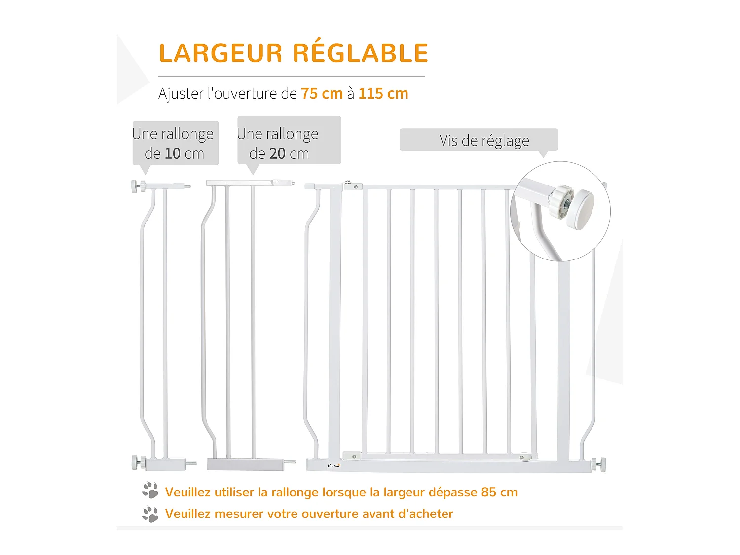 Barrière de sécurité barrière pour animal domestique longueur réglable barrière escaliers couloirs portes sans perçage en acier et ABS dim. 75-115L x 76H cm blanc