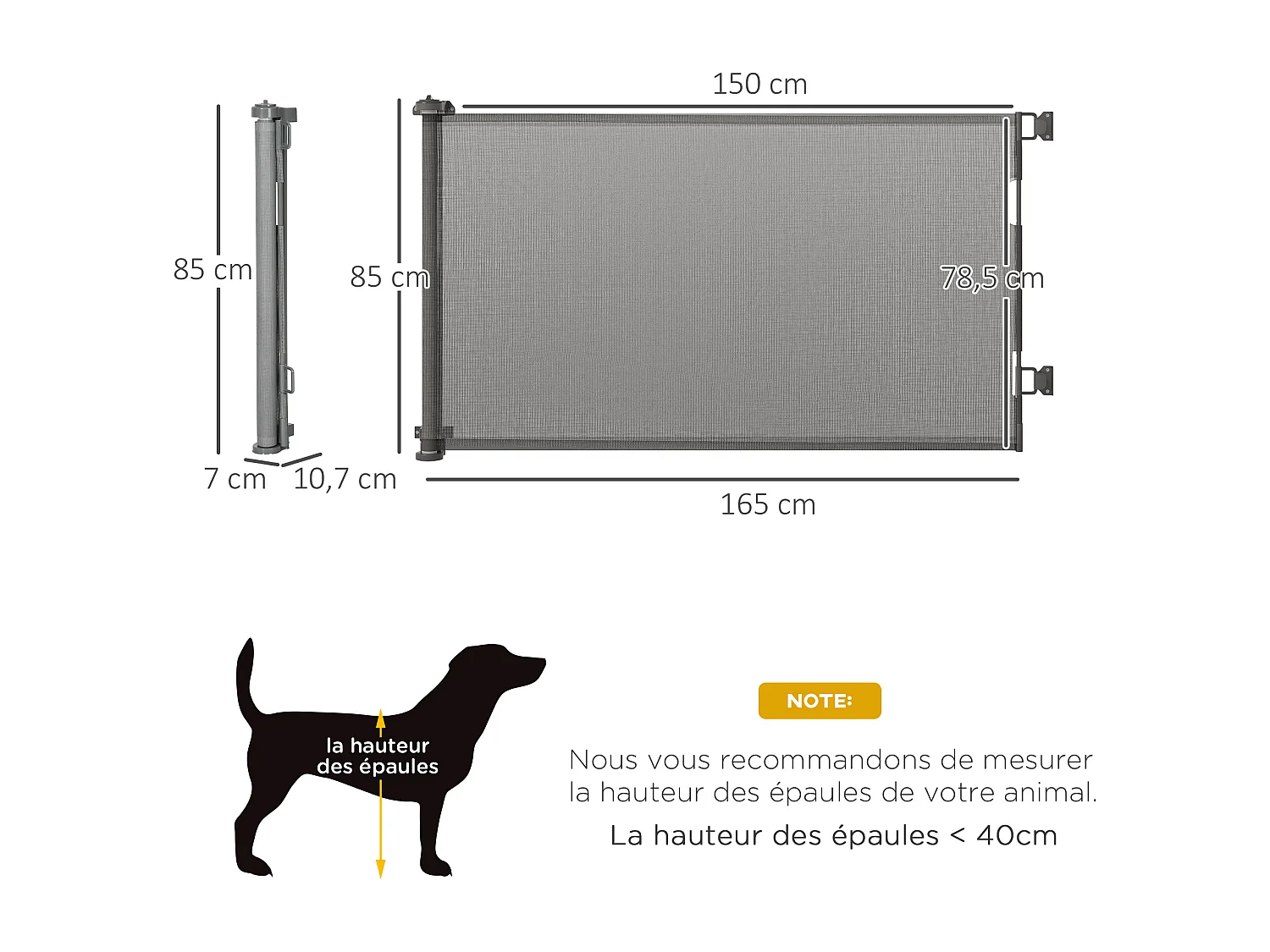 Barrière de sécurité barrière animaux rétractable automatique 1,65L x 0,85H m teslin alu. PVC gris