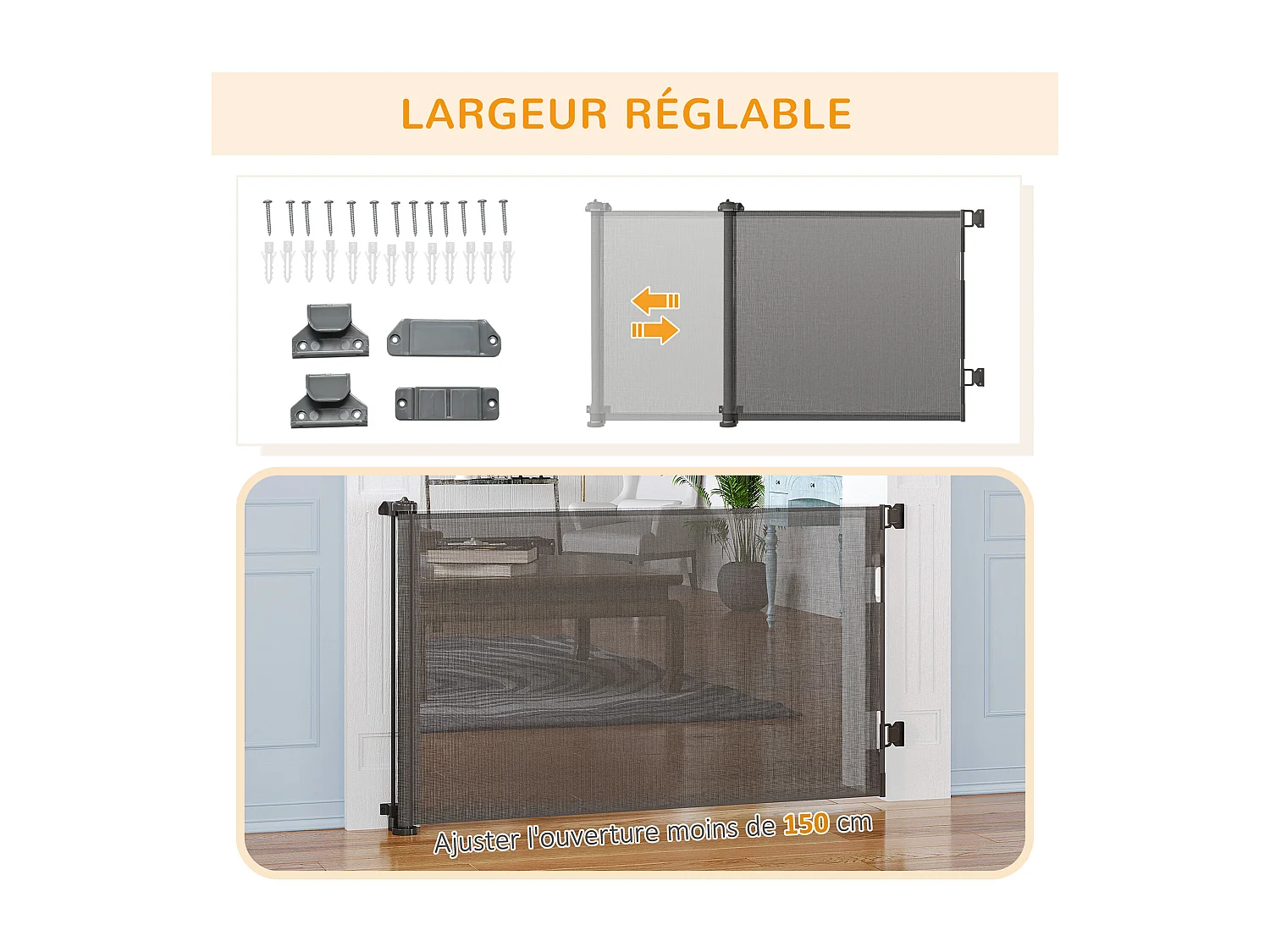 Barrière de sécurité barrière animaux rétractable automatique 1,65L x 0,85H m teslin alu. PVC gris