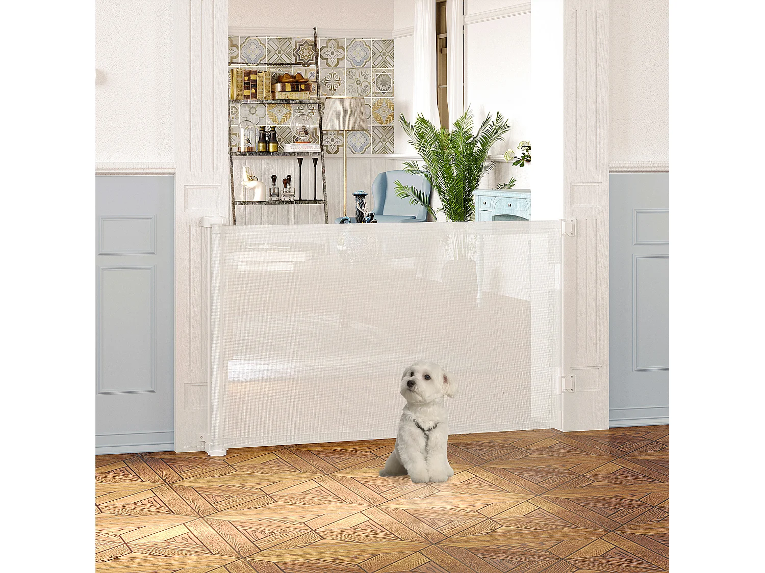 Barrière de sécurité barrière animaux rétractable automatique 1,65L x 0,85H m teslin alu. PVC blanc