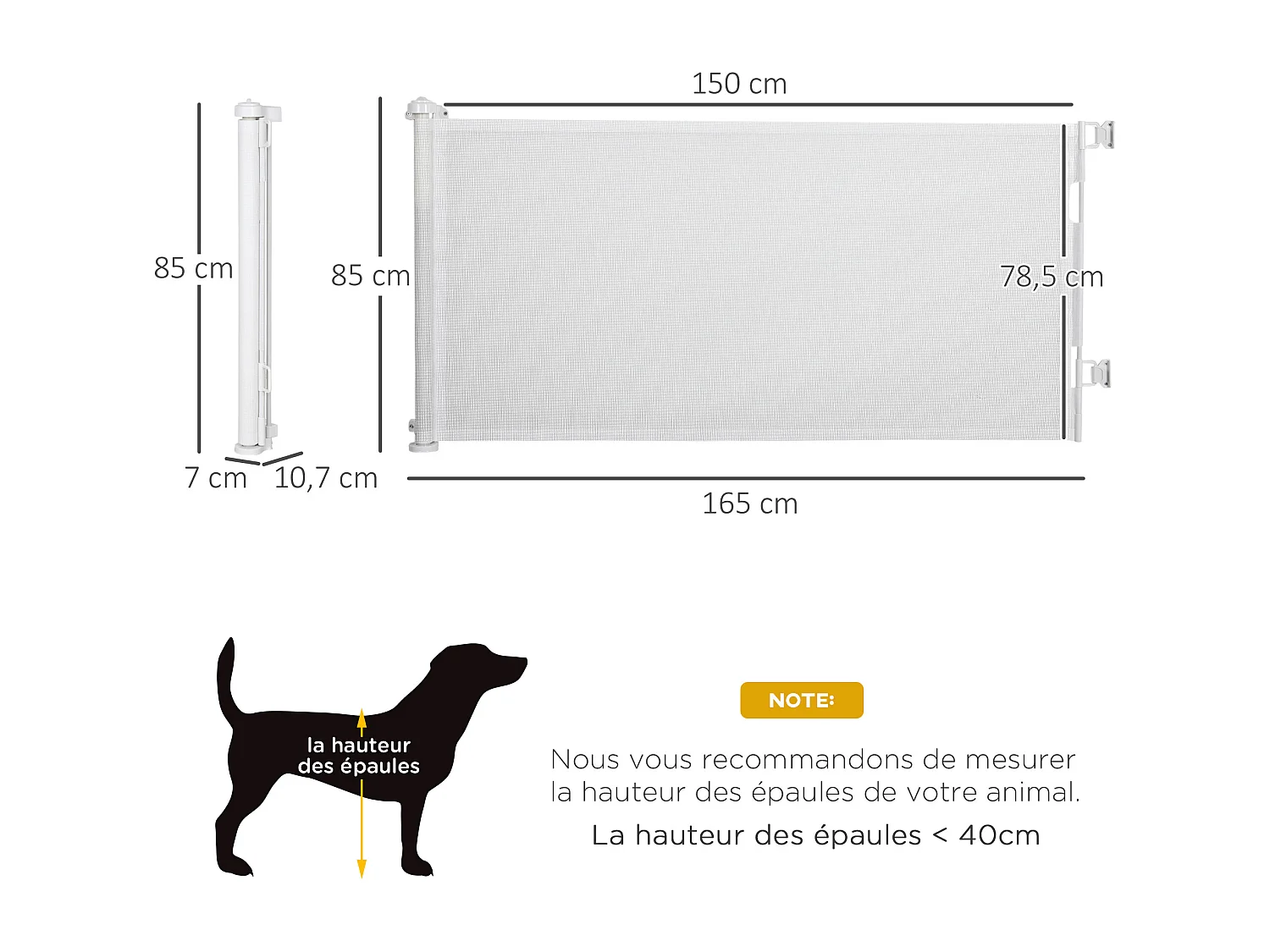 Barrière de sécurité barrière animaux rétractable automatique 1,65L x 0,85H m teslin alu. PVC blanc