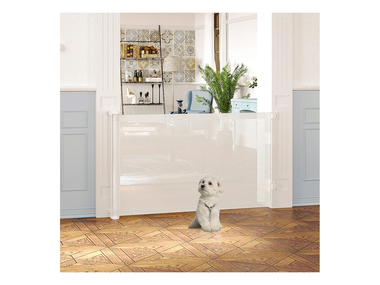 Barrière de sécurité barrière animaux rétractable automatique 1,65L x 0,85H m teslin alu. PVC blanc