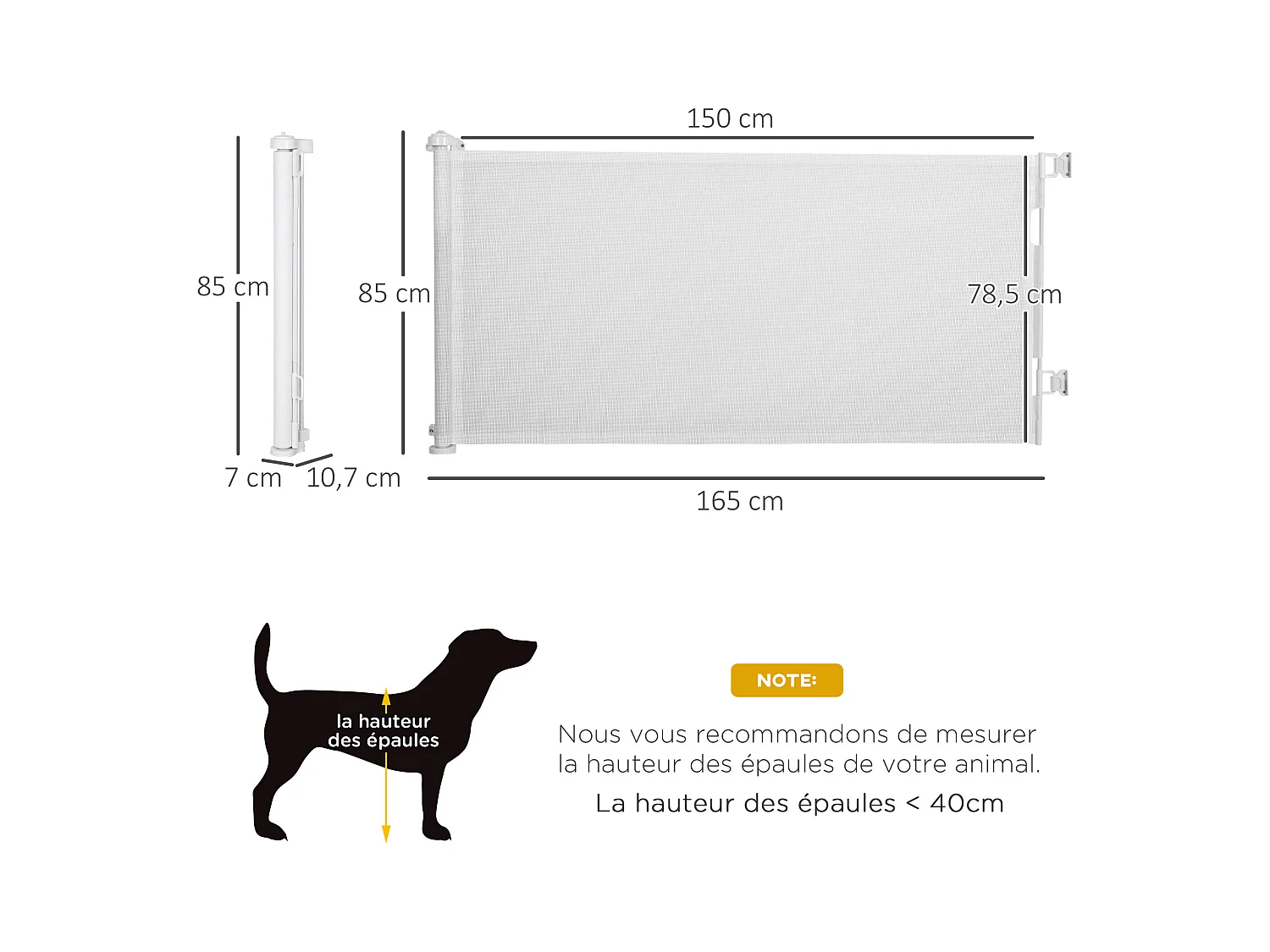 Barrière de sécurité barrière animaux rétractable automatique 1,65L x 0,85H m teslin alu. PVC blanc