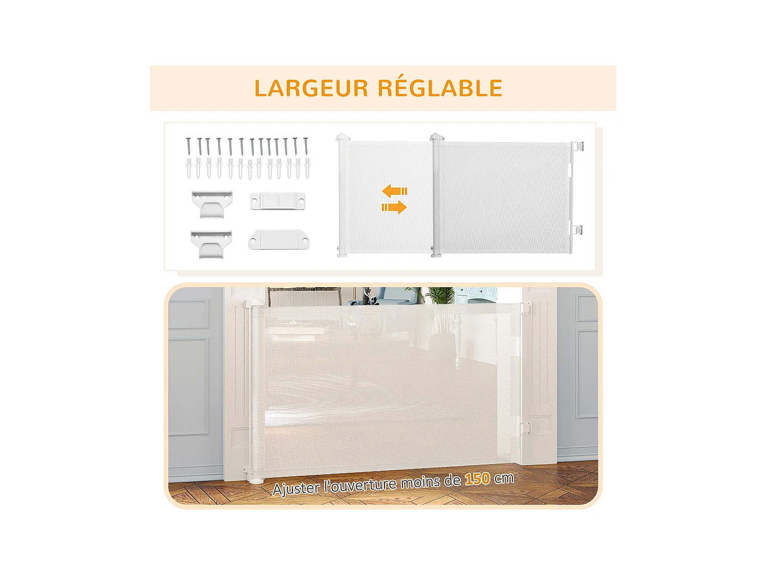 Barrière de sécurité barrière animaux rétractable automatique 1,65L x 0,85H m teslin alu. PVC blanc