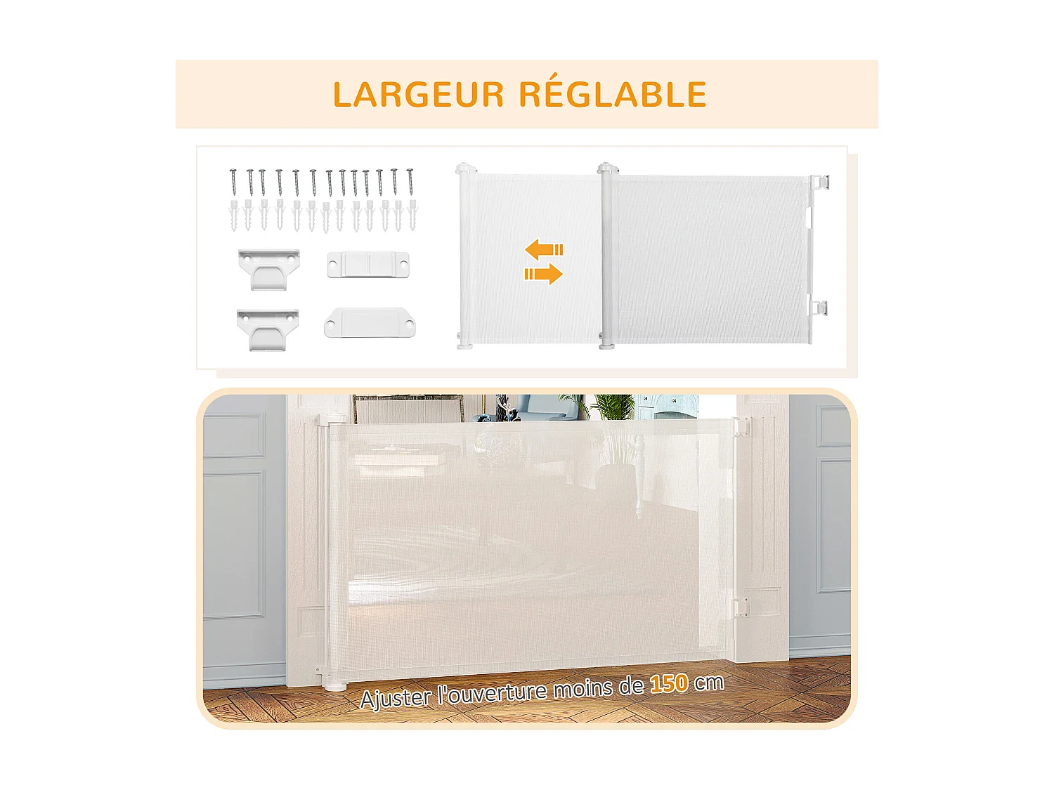 Barrière de sécurité barrière animaux rétractable automatique 1,65L x 0,85H m teslin alu. PVC blanc