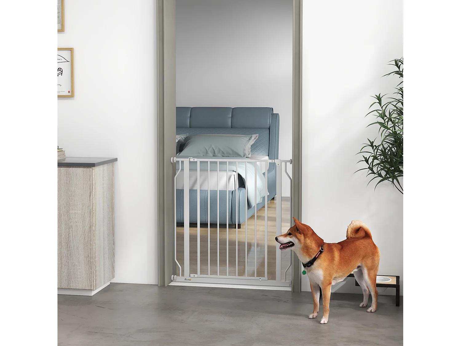 Barrière de sécurité barrière pour animal domestique longueur réglable barrière escaliers couloirs portes sans perçage en acier et ABS dim. 75-85L x 76H cm blanc