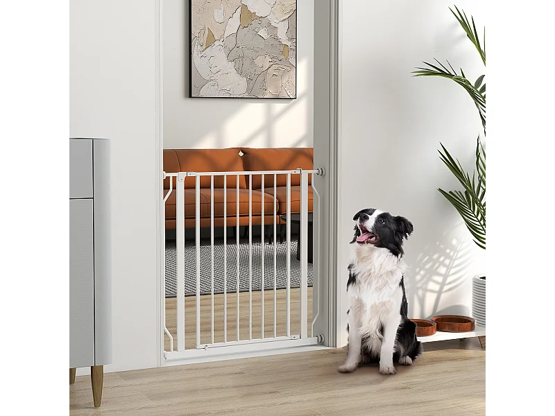 Barrière de sécurité barrière pour animal domestique longueur réglable barrière escaliers couloirs portes sans perçage en acier et ABS dim. 75-85L x 76H cm blanc