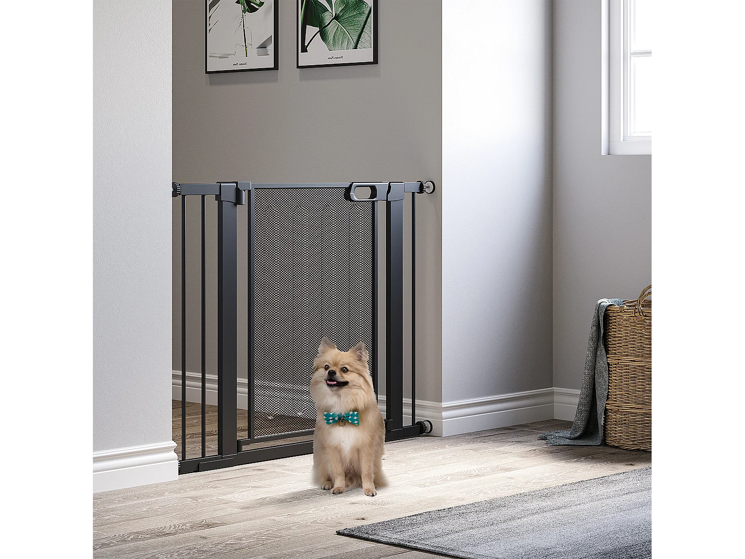 Barrière de sécurité animaux - longueur réglable dim. 75-103 cm - porte double verrouillage, ouverture double sens -sans perçage - acier ABS noir