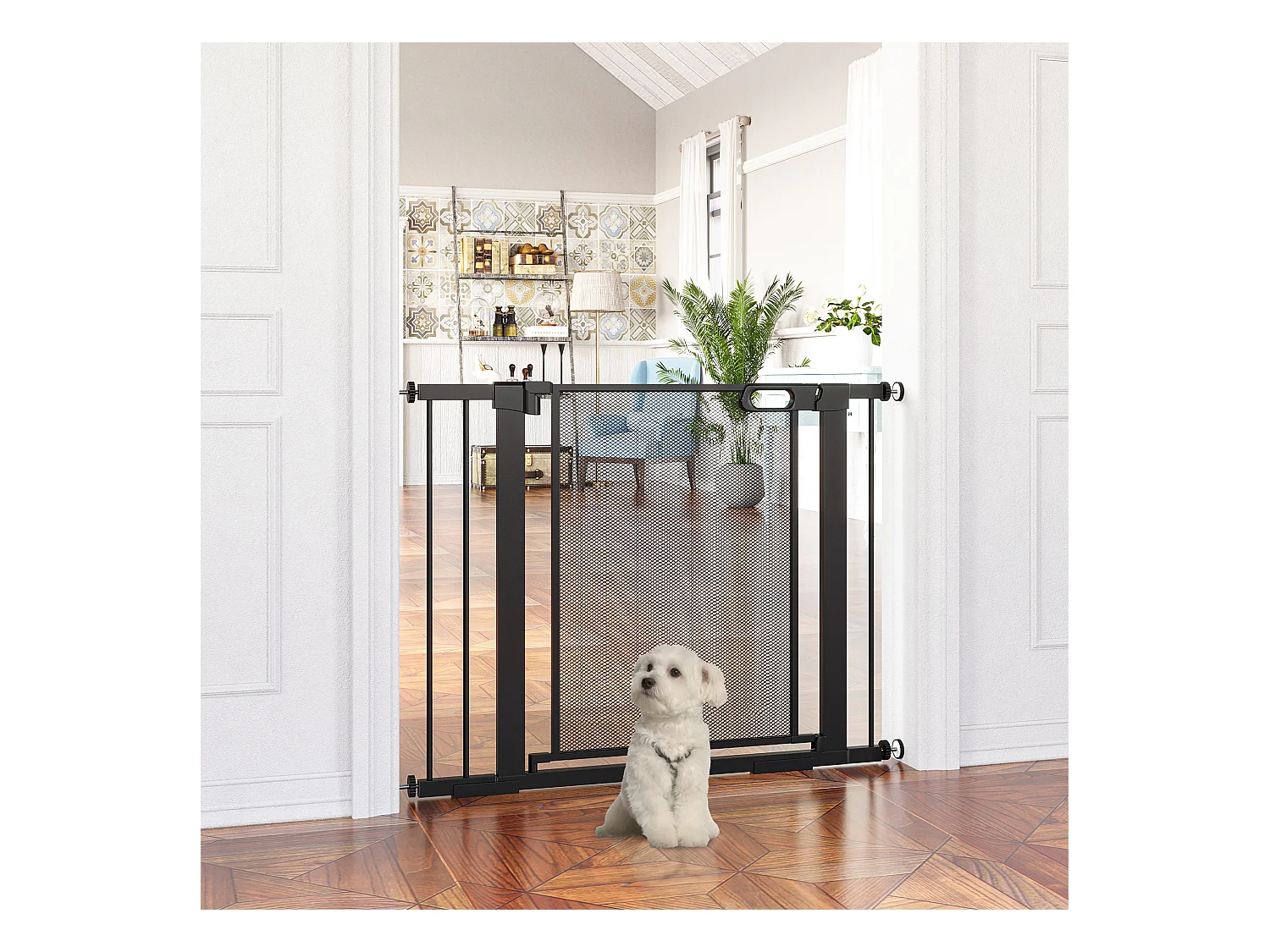 Barrière de sécurité animaux - longueur réglable dim. 75-103 cm - porte double verrouillage, ouverture double sens -sans perçage - acier ABS noir