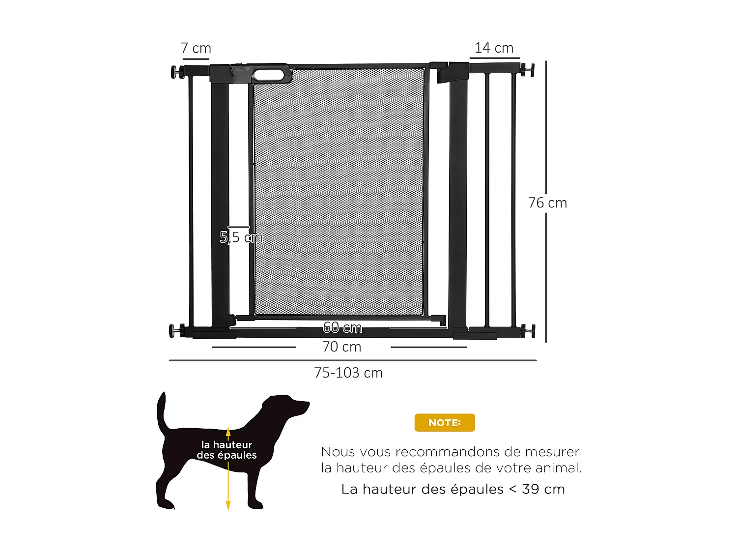Barrière de sécurité animaux - longueur réglable dim. 75-103 cm - porte double verrouillage, ouverture double sens -sans perçage - acier ABS noir