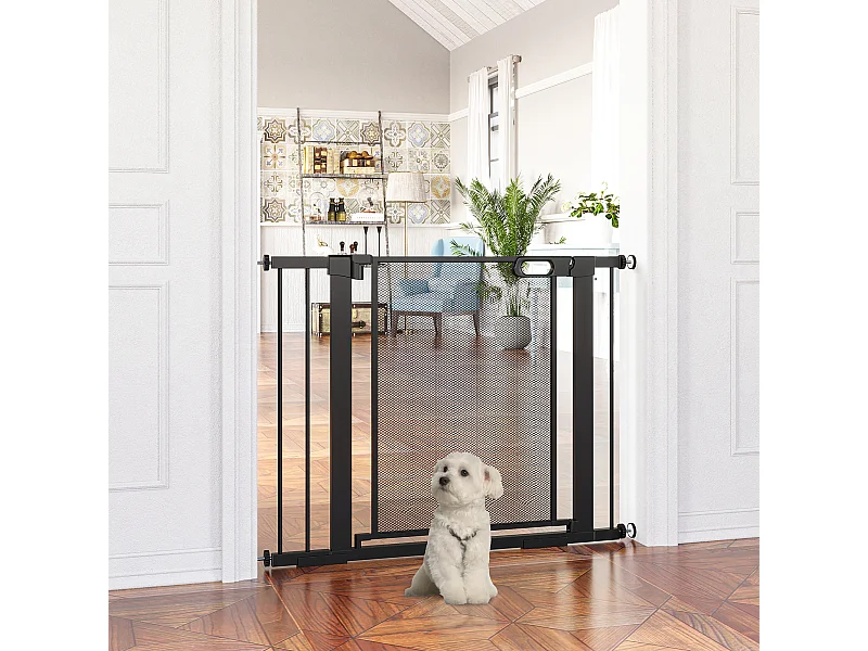 Barrière de sécurité animaux - longueur réglable dim. 75-103 cm - porte double verrouillage, ouverture double sens -sans perçage - acier ABS noir