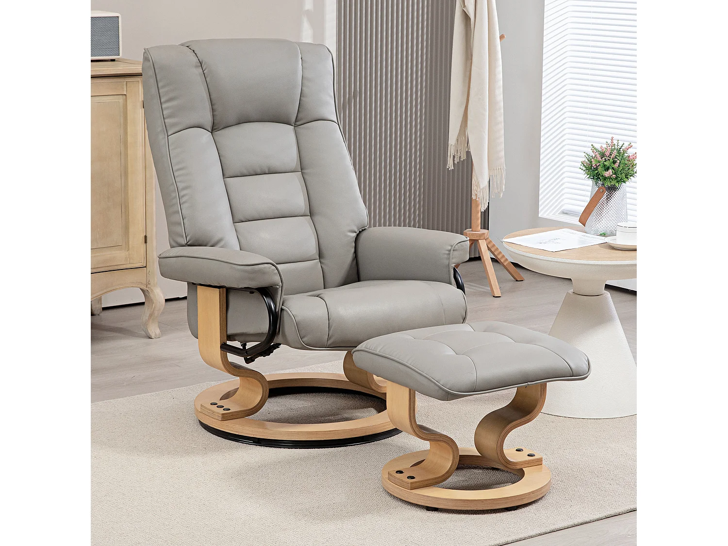Fauteuil relax inclinable pivotant réglable avec repose-pied bois revêtement synthétique gris