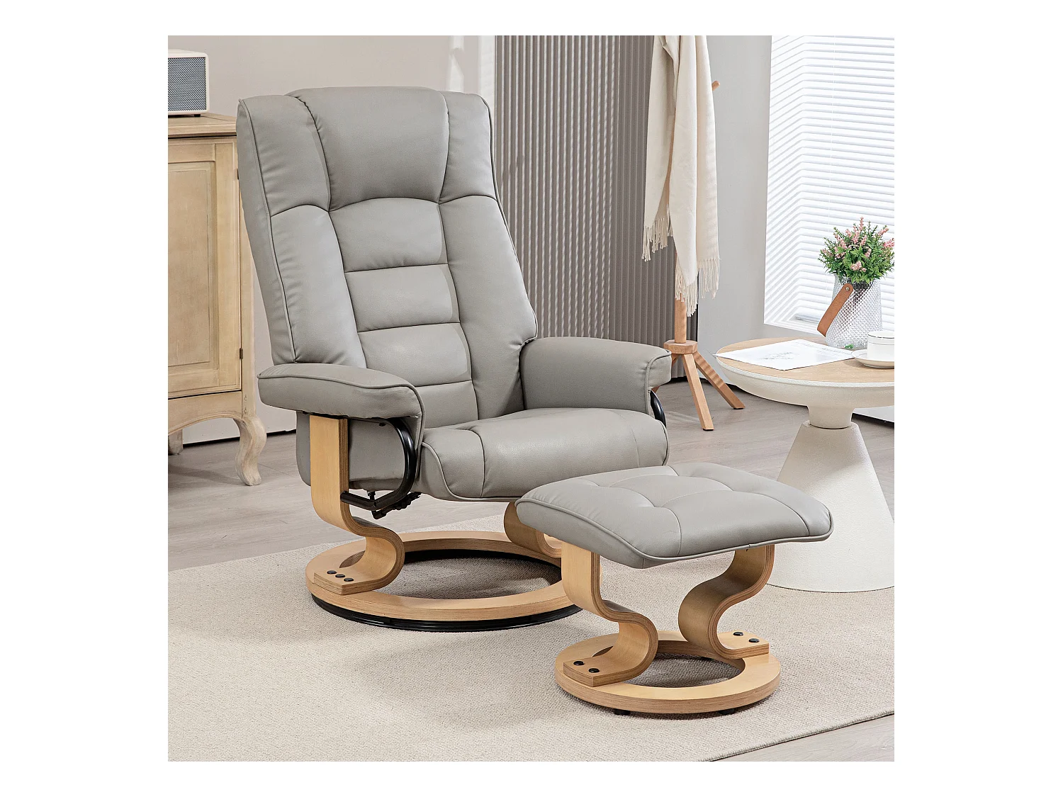Fauteuil relax inclinable pivotant réglable avec repose-pied bois revêtement synthétique gris