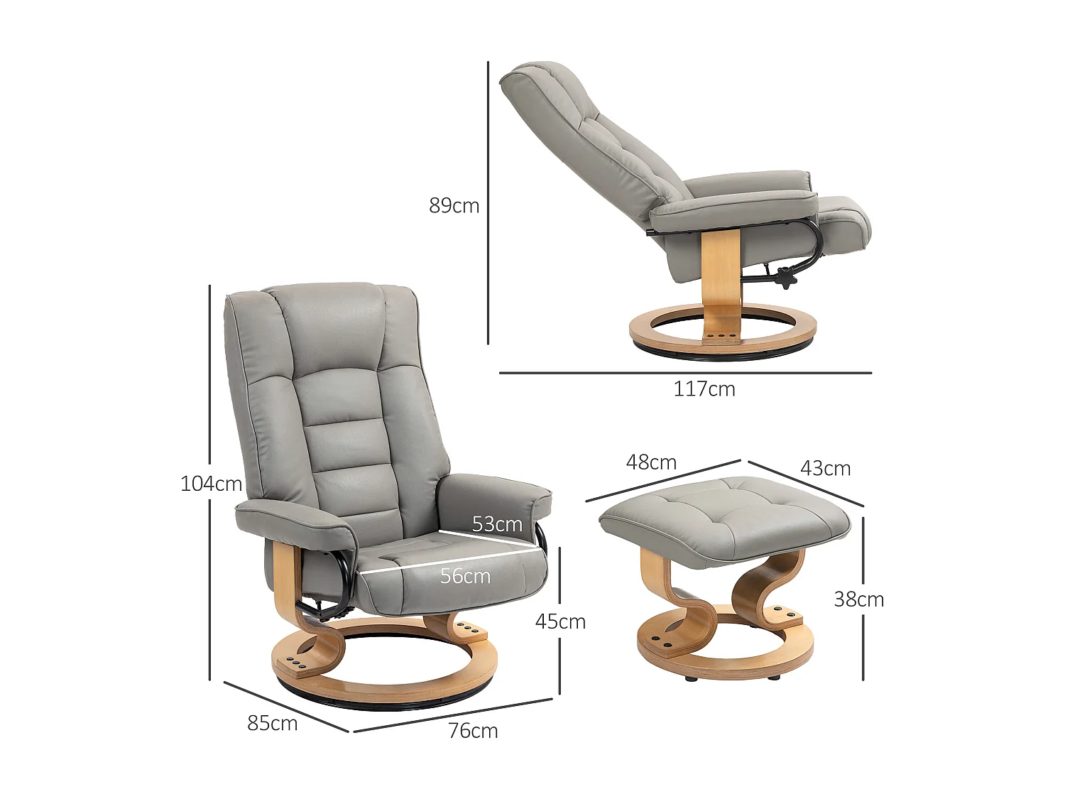 Fauteuil relax inclinable pivotant réglable avec repose-pied bois revêtement synthétique gris