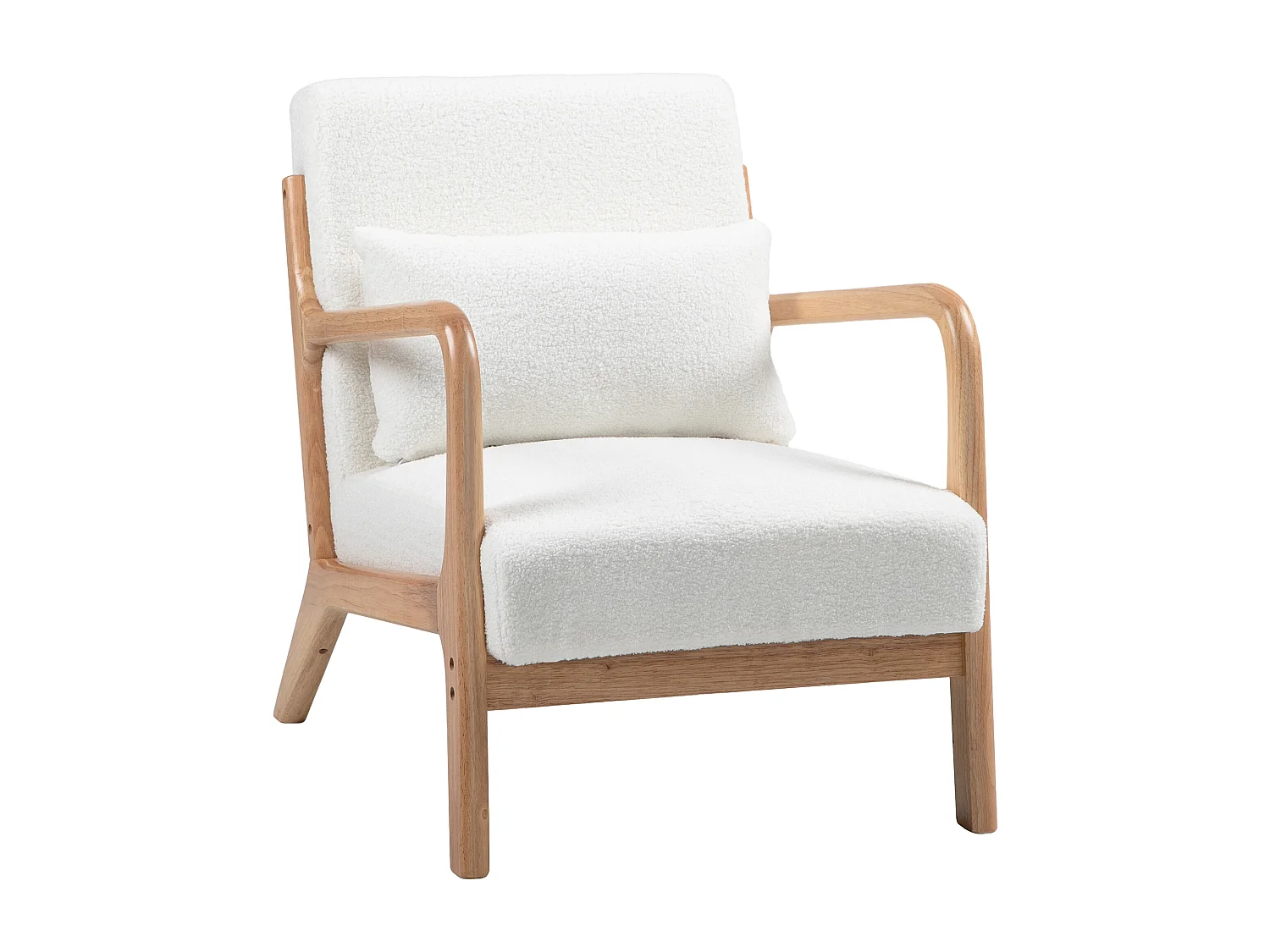 Fauteuil lounge - 3 coussins inclus - assise profonde - accoudoirs - structure bois hévéa - effet laine bouclée blanc