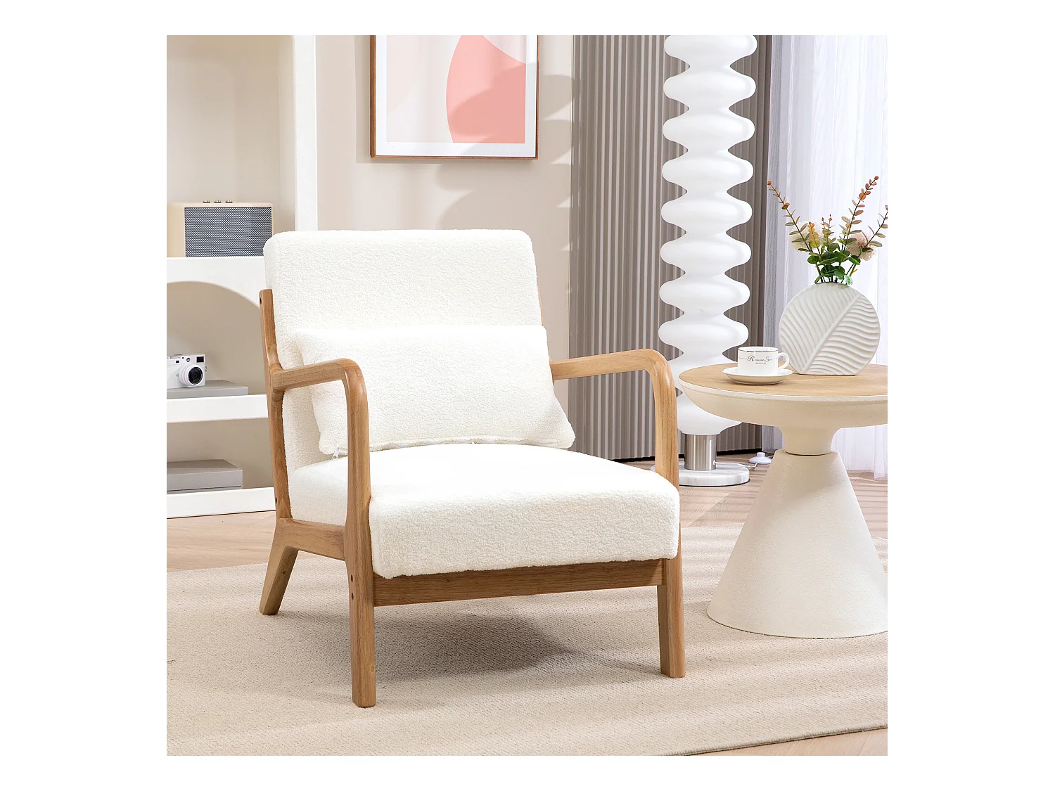 Fauteuil lounge - 3 coussins inclus - assise profonde - accoudoirs - structure bois hévéa - effet laine bouclée blanc