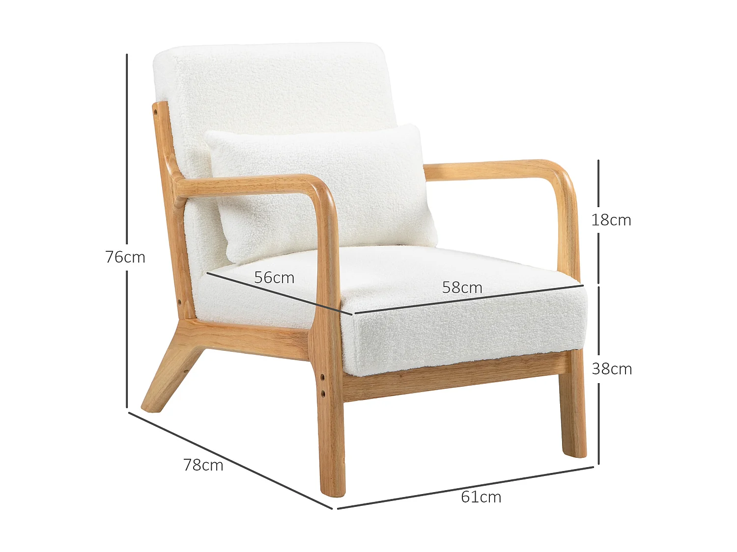 Fauteuil lounge - 3 coussins inclus - assise profonde - accoudoirs - structure bois hévéa - effet laine bouclée blanc