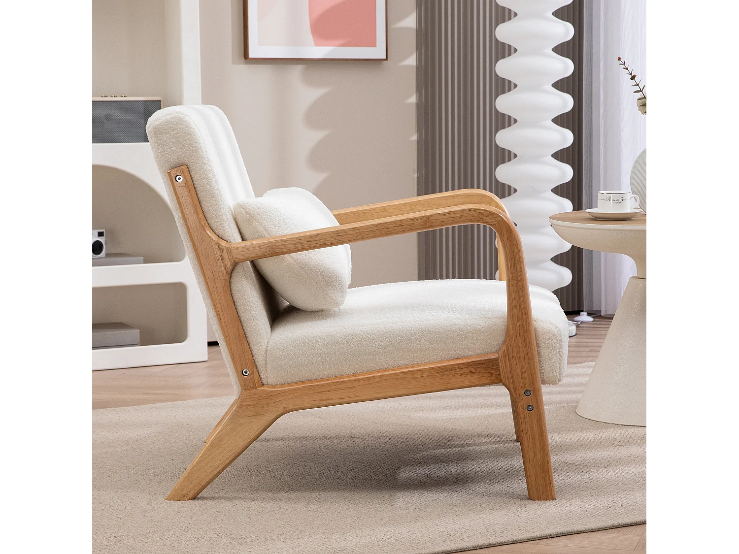 Fauteuil lounge - 3 coussins inclus - assise profonde - accoudoirs - structure bois hévéa - effet laine bouclée blanc