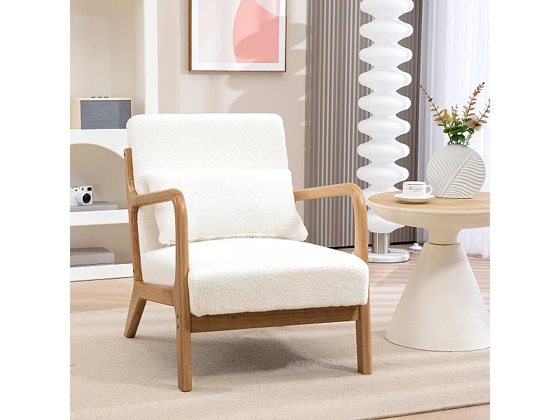 Fauteuil lounge - 3 coussins inclus - assise profonde - accoudoirs - structure bois hévéa - effet laine bouclée blanc