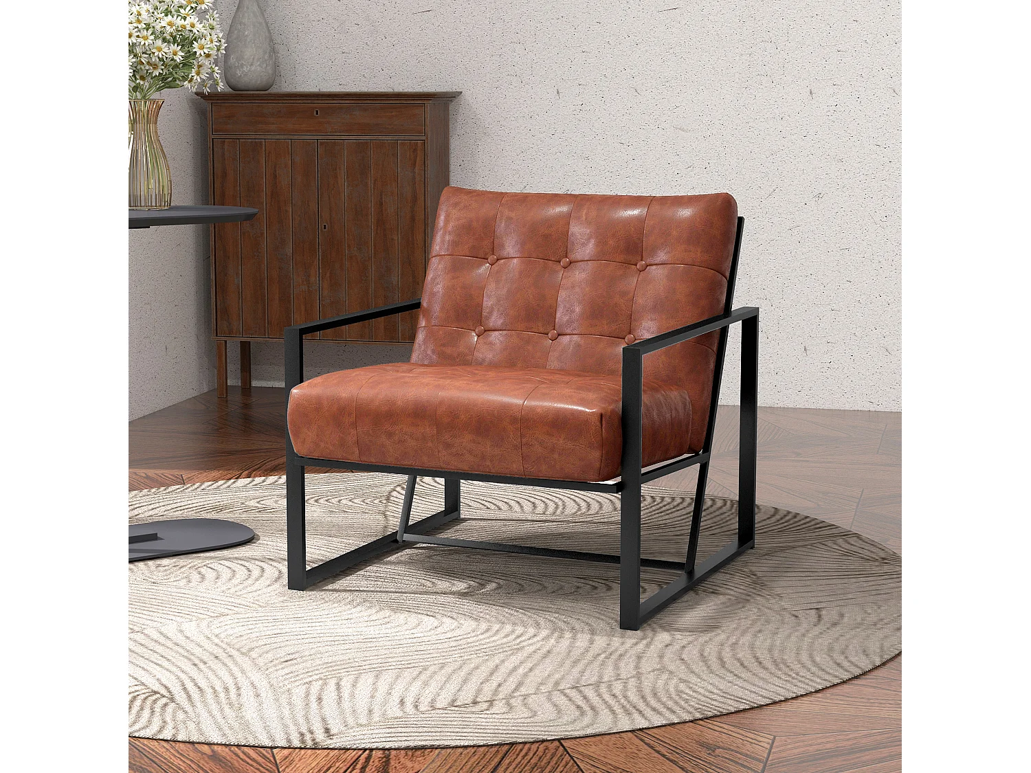 Fauteuil lounge style Chesterfield effet capitonné métal noir revêtement synthétique marron fauve