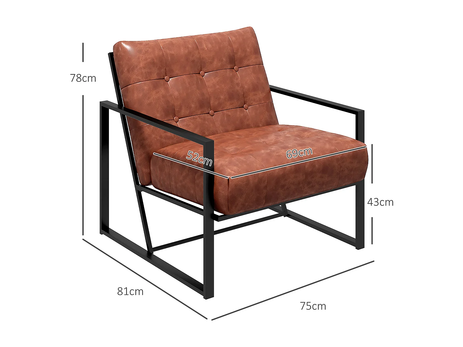 Fauteuil lounge style Chesterfield effet capitonné métal noir revêtement synthétique marron fauve
