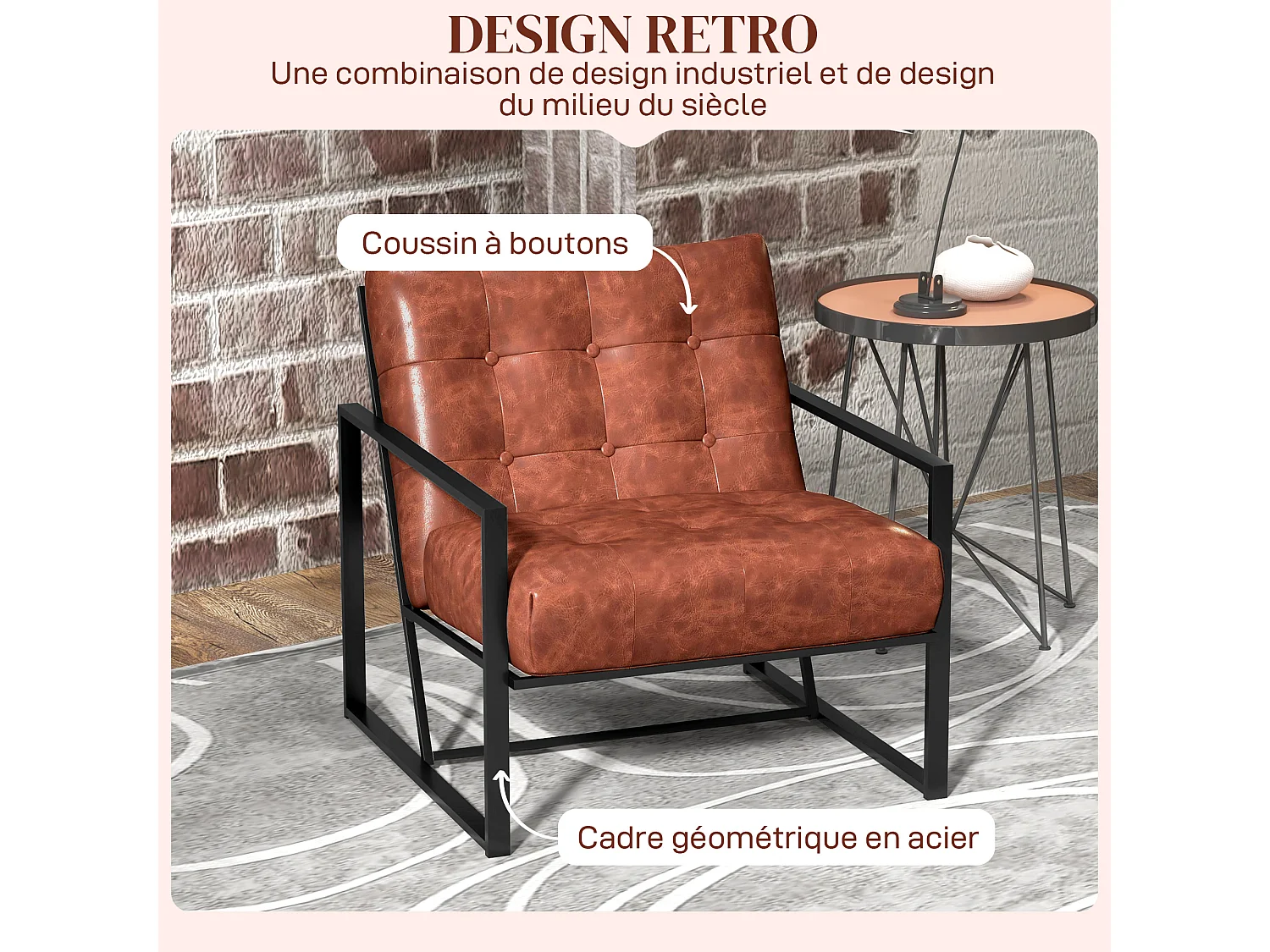 Fauteuil lounge style Chesterfield effet capitonné métal noir revêtement synthétique marron fauve