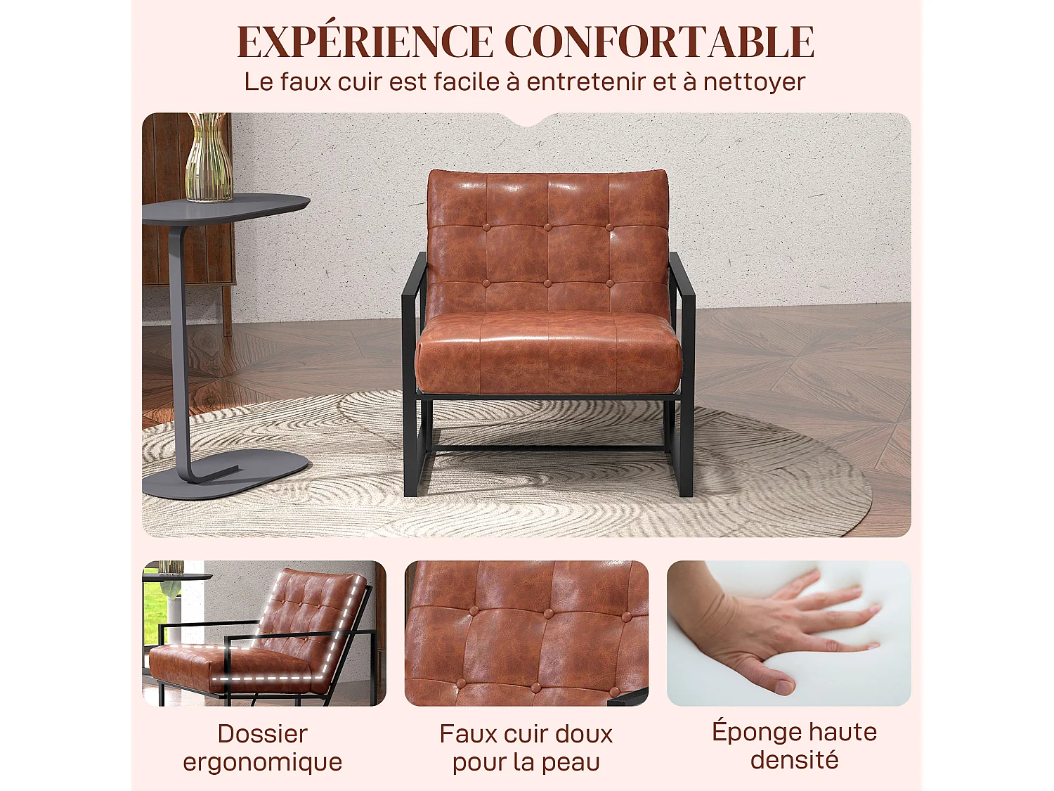Fauteuil lounge style Chesterfield effet capitonné métal noir revêtement synthétique marron fauve