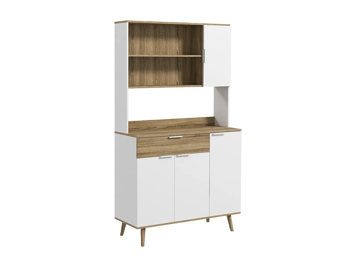 Buffet haut design scandinave - 4 portes, 3 étagères, tiroir, 3 niches - panneaux blanc aspect bois
