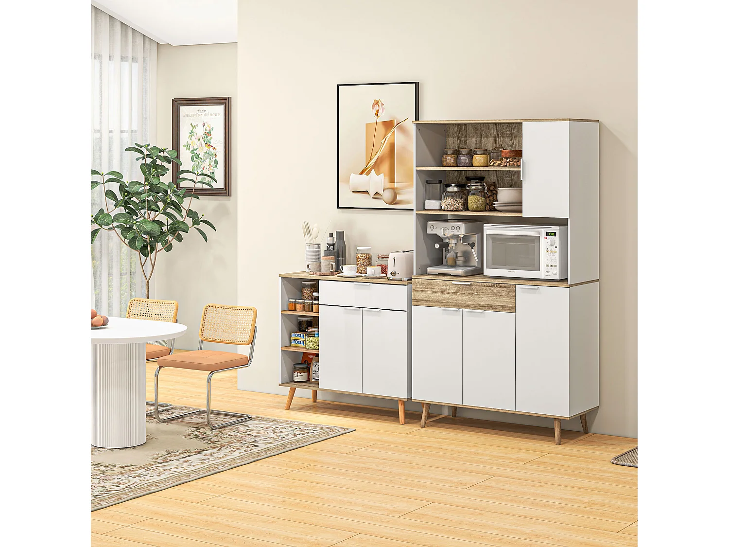 Buffet haut design scandinave - 4 portes, 3 étagères, tiroir, 3 niches - panneaux blanc aspect bois