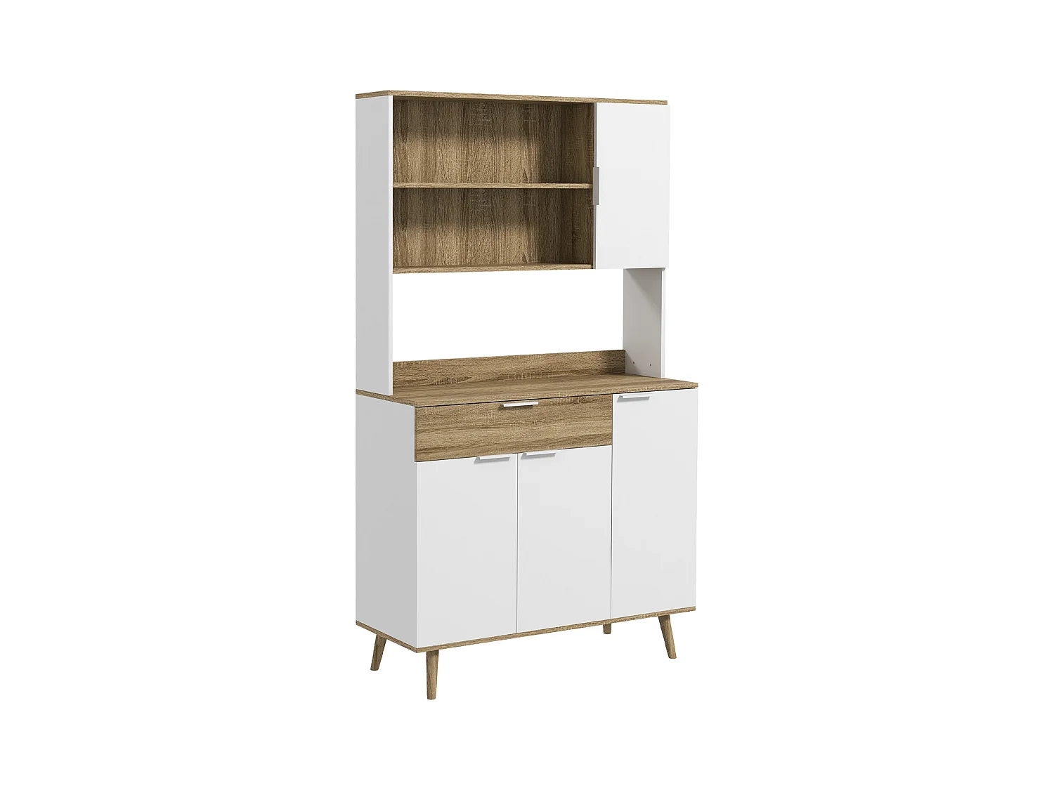 Buffet haut design scandinave - 4 portes, 3 étagères, tiroir, 3 niches - panneaux blanc aspect bois