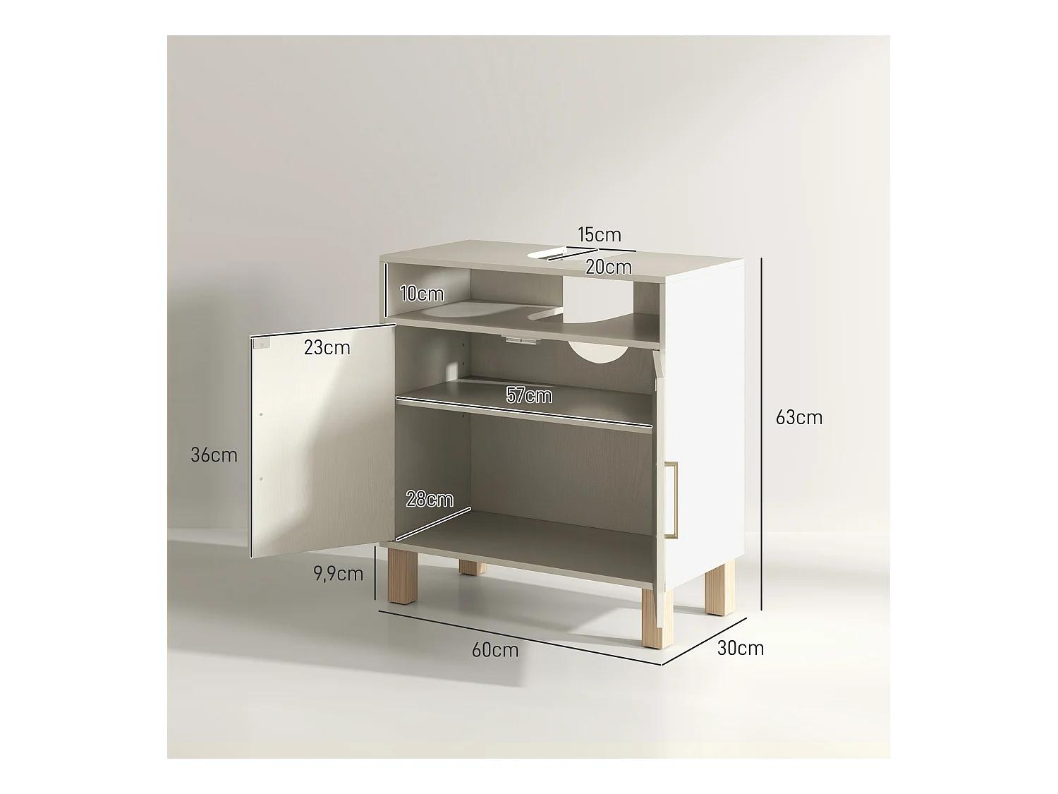 Meuble sous vasque - 2 portes, étagère, niche - MDF crème